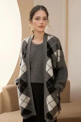 100 Cashmere Chunky Argyle Open-Front Coatigan