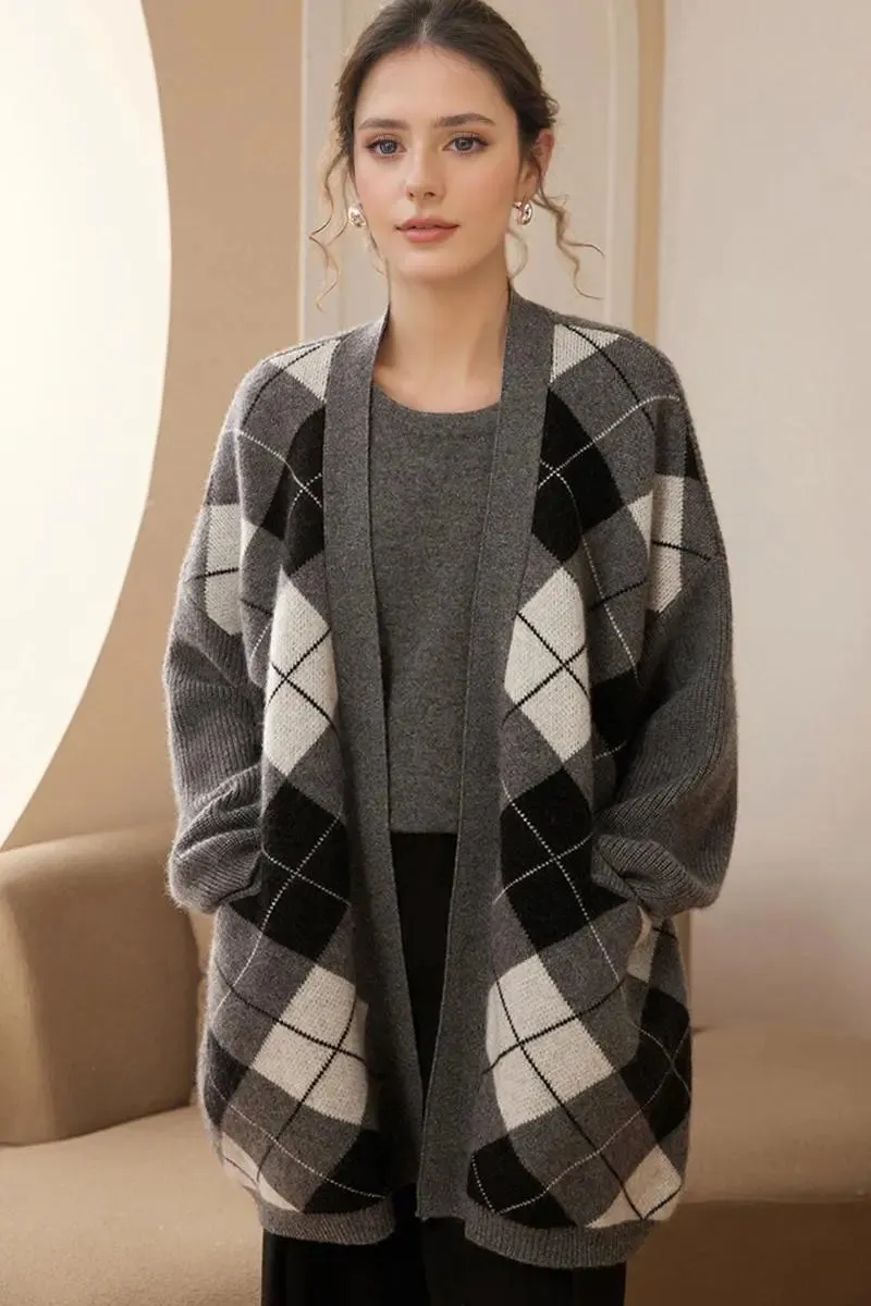 100 Cashmere Chunky Argyle Open-Front Coatigan