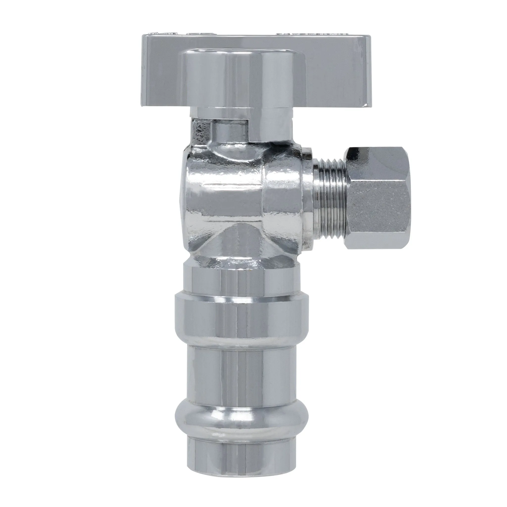 1/4 Turn Angle Stop Valve, 1/2" Press x 3/8" OD Compression Heavy Duty Chrome Plated Lead Free Brass with Ferrule and Nut, ProPress Compatible
