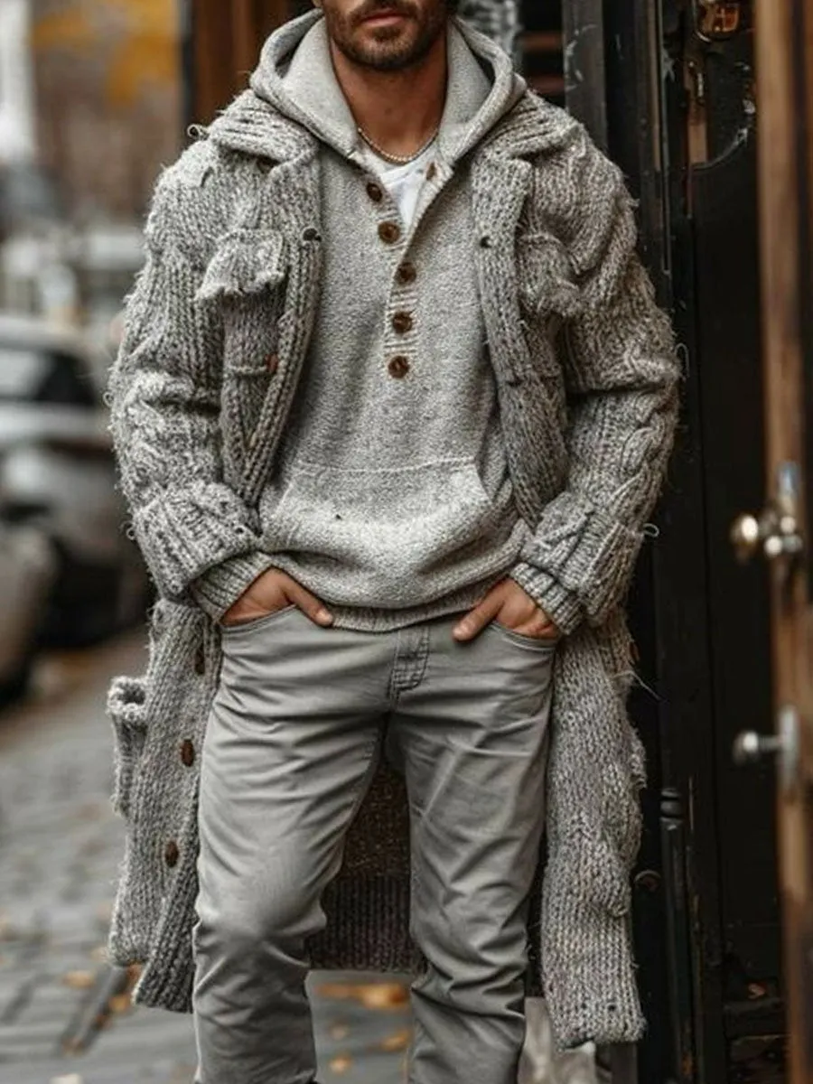 【24-hour shipping】Men's Lapel Multi-Pocket Single-Breasted Long Knit Cardigan