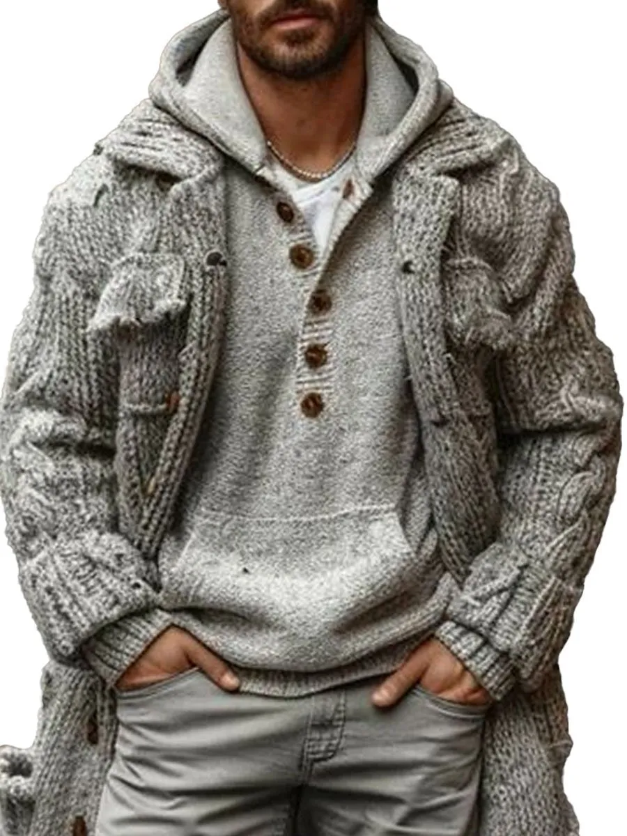 【24-hour shipping】Men's Lapel Multi-Pocket Single-Breasted Long Knit Cardigan