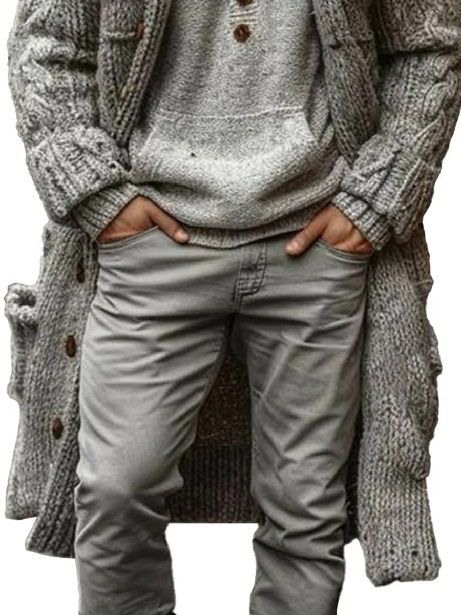【24-hour shipping】Men's Lapel Multi-Pocket Single-Breasted Long Knit Cardigan