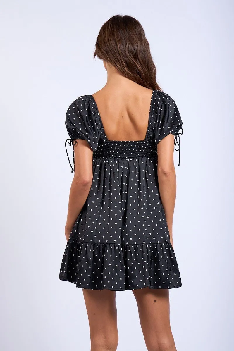 Addison Black Dot Puff-Sleeve Mini Dress