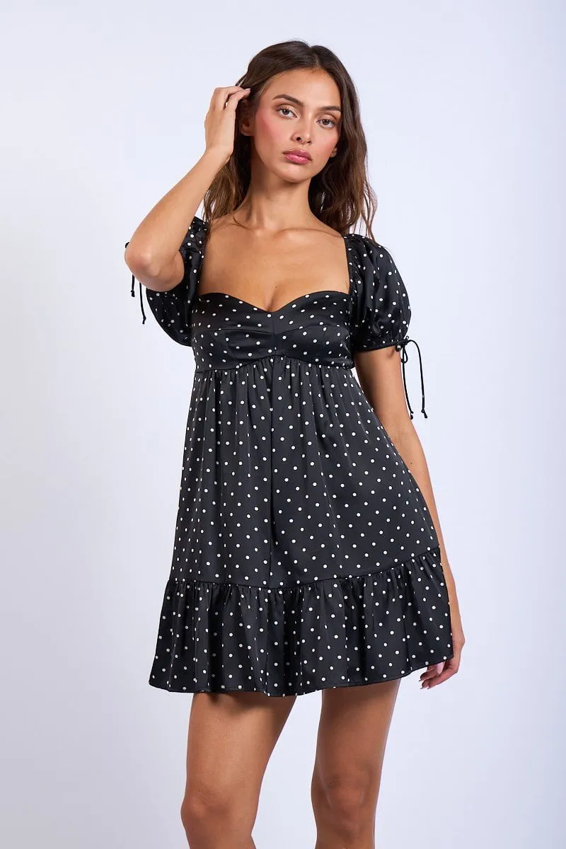 Addison Black Dot Puff-Sleeve Mini Dress