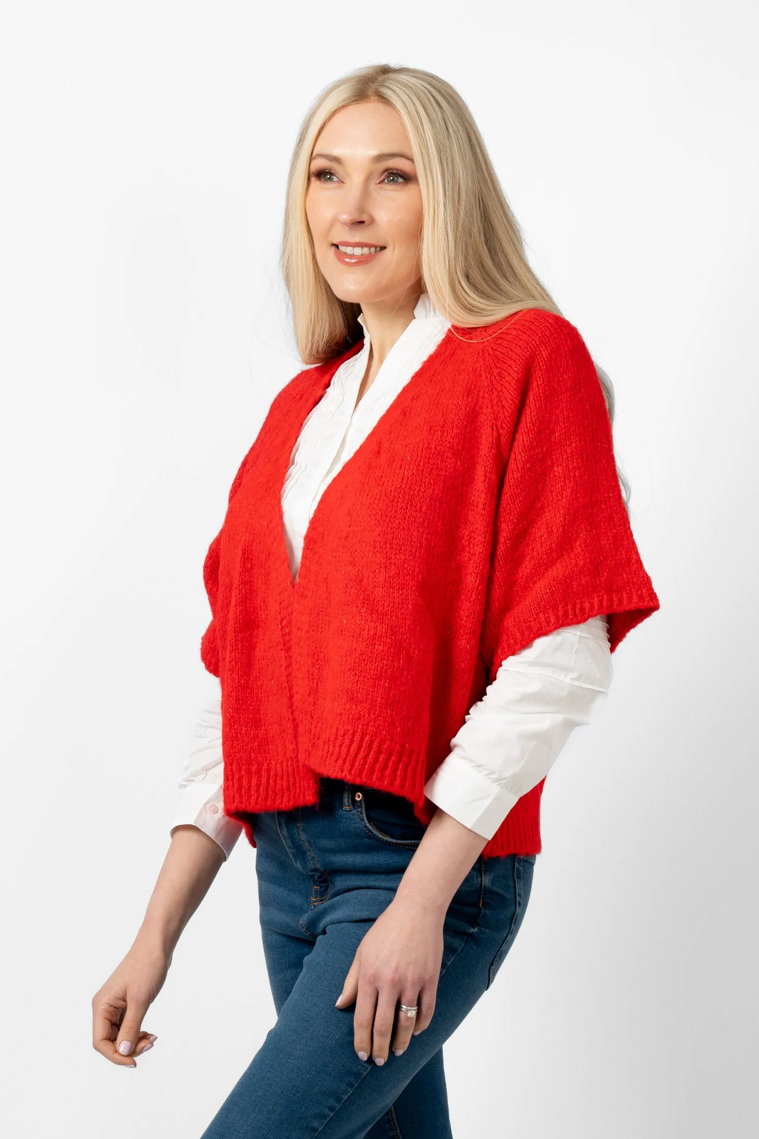Amelia Wool Blend Short Sleeve Cardigan - Red