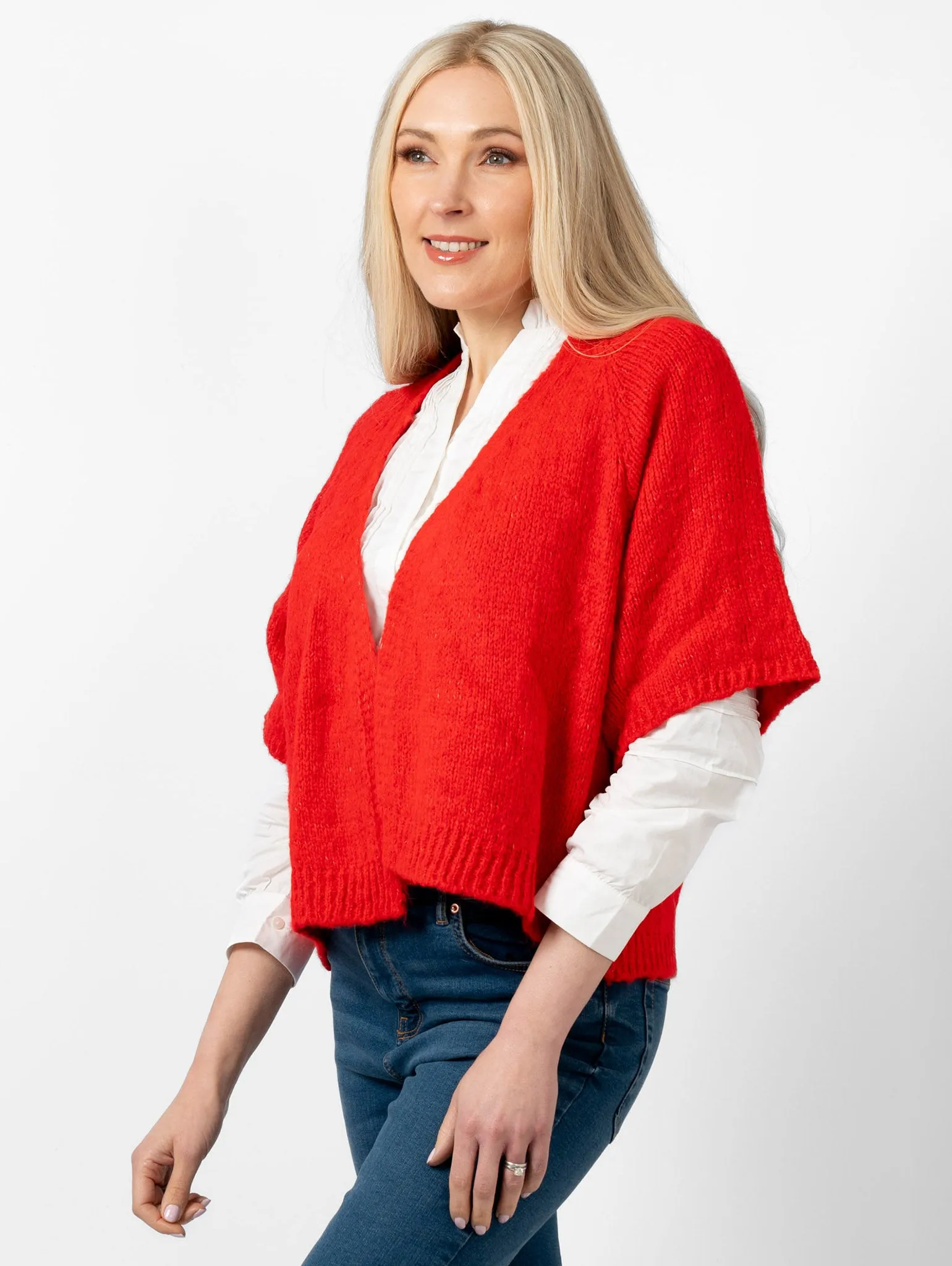 Amelia Wool Blend Short Sleeve Cardigan - Red