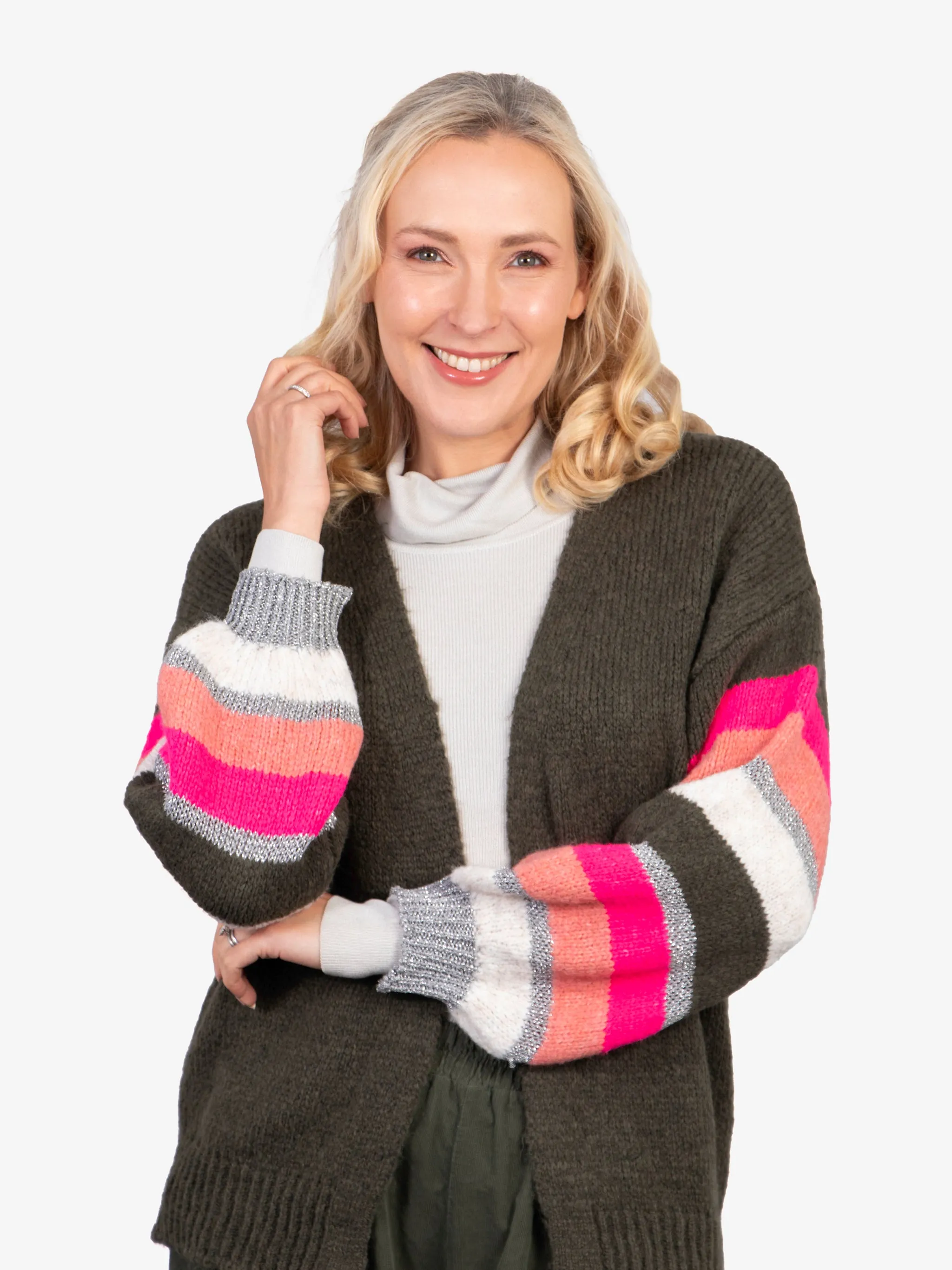April Balloon Sleeve Cardigan - Khaki/Pink, Colourblock