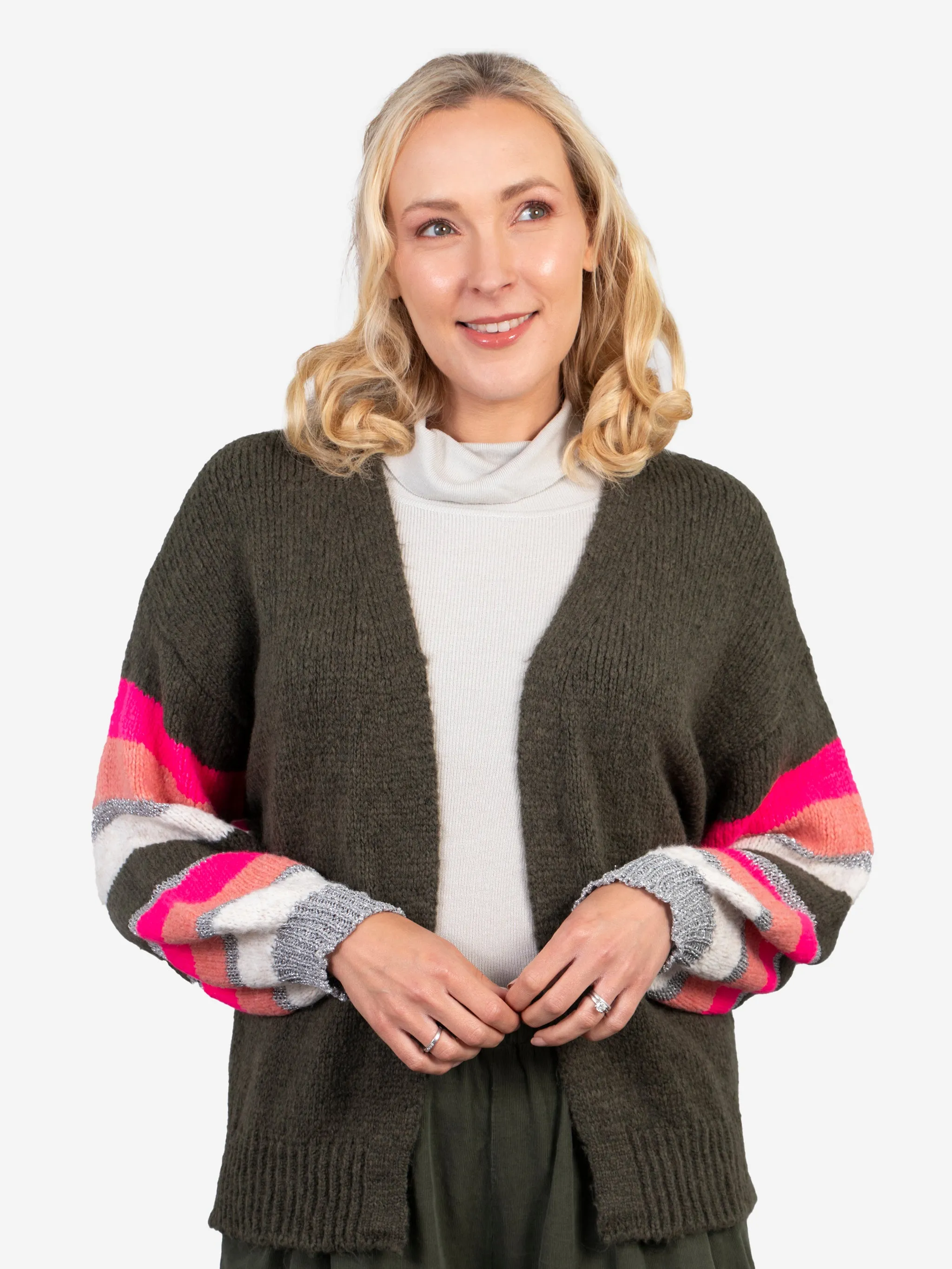 April Balloon Sleeve Cardigan - Khaki/Pink, Colourblock