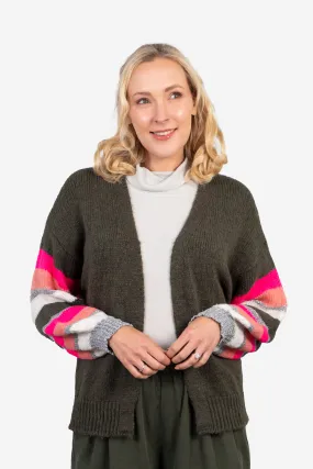April Balloon Sleeve Cardigan - Khaki/Pink, Colourblock