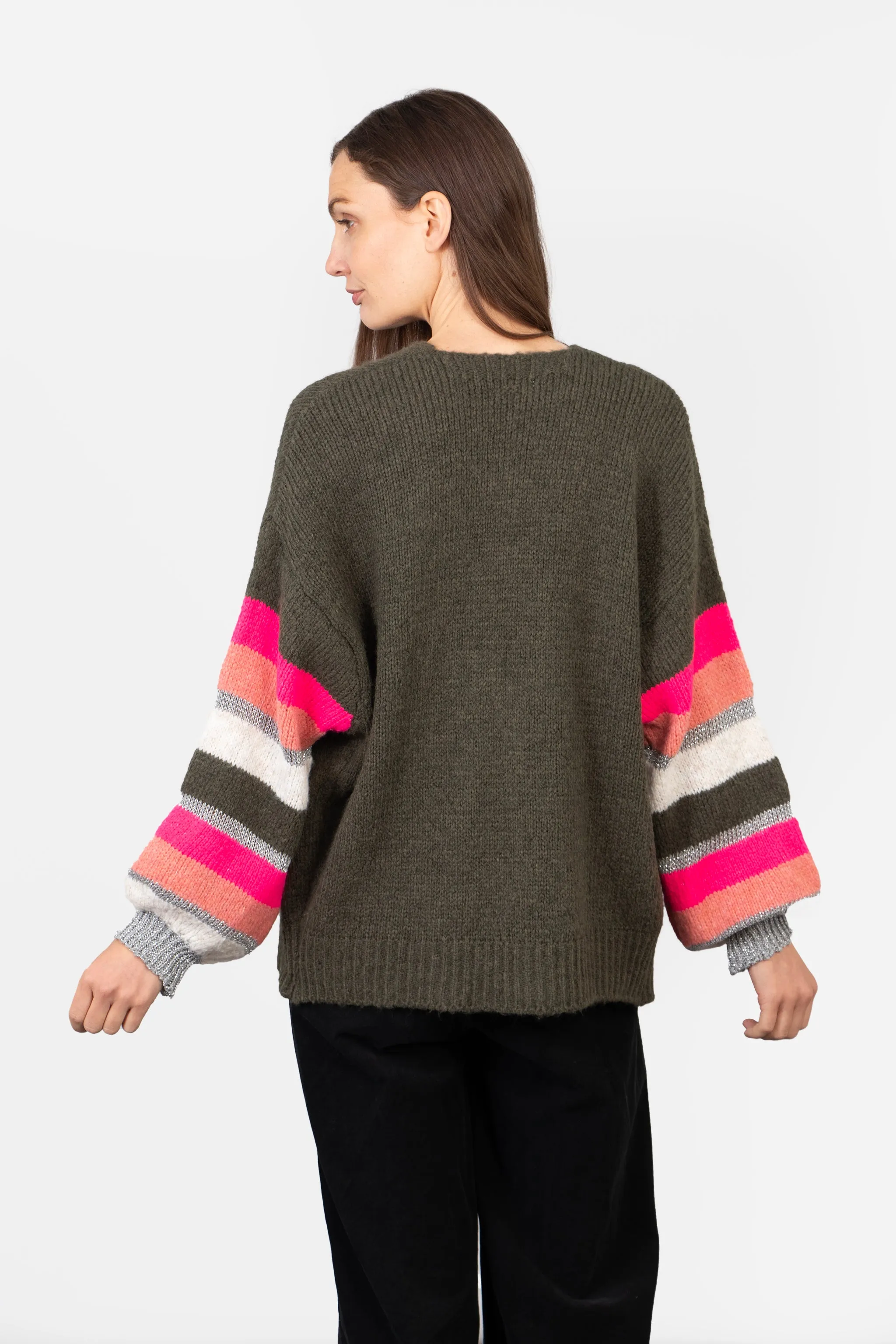 April Balloon Sleeve Cardigan - Khaki/Pink, Colourblock