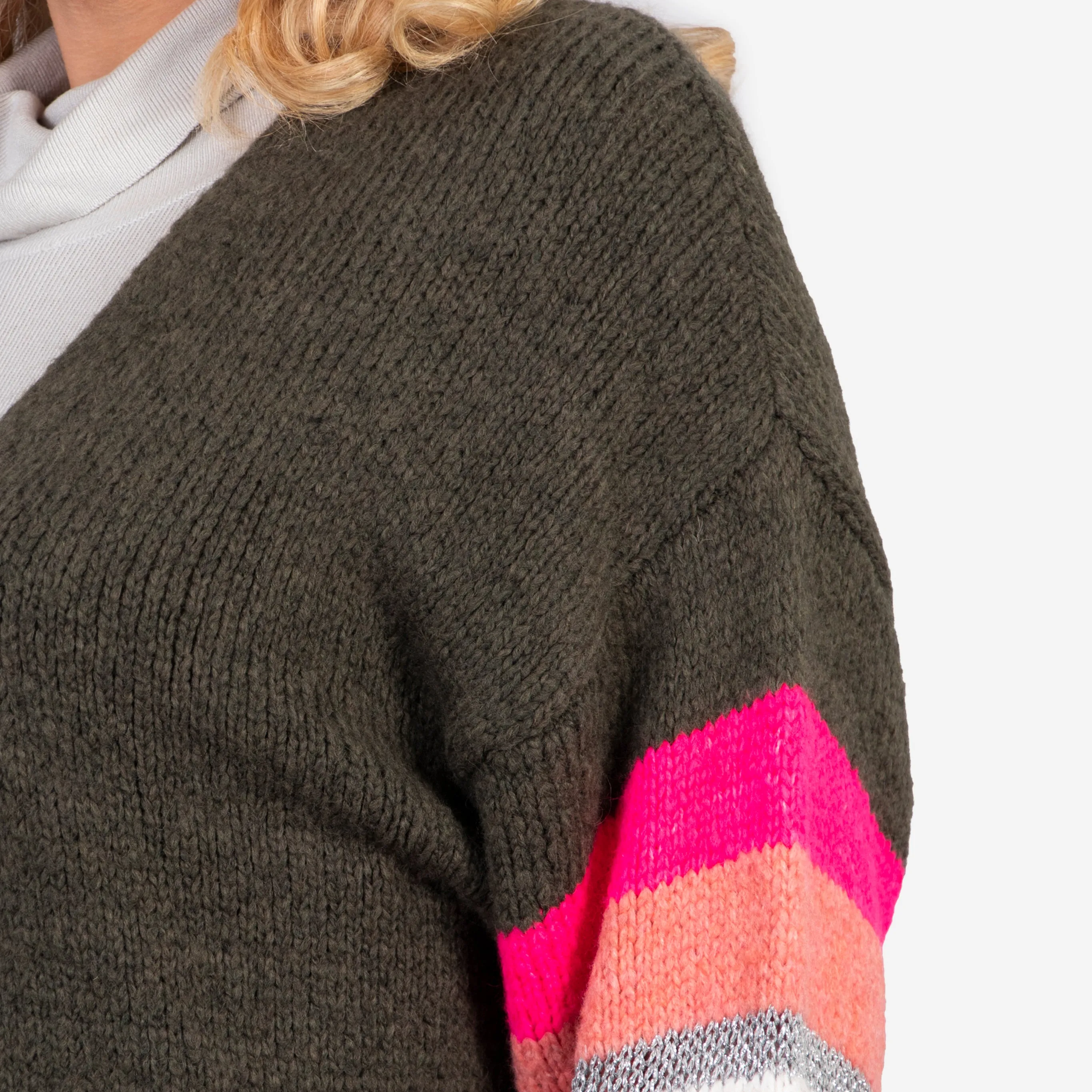 April Balloon Sleeve Cardigan - Khaki/Pink, Colourblock