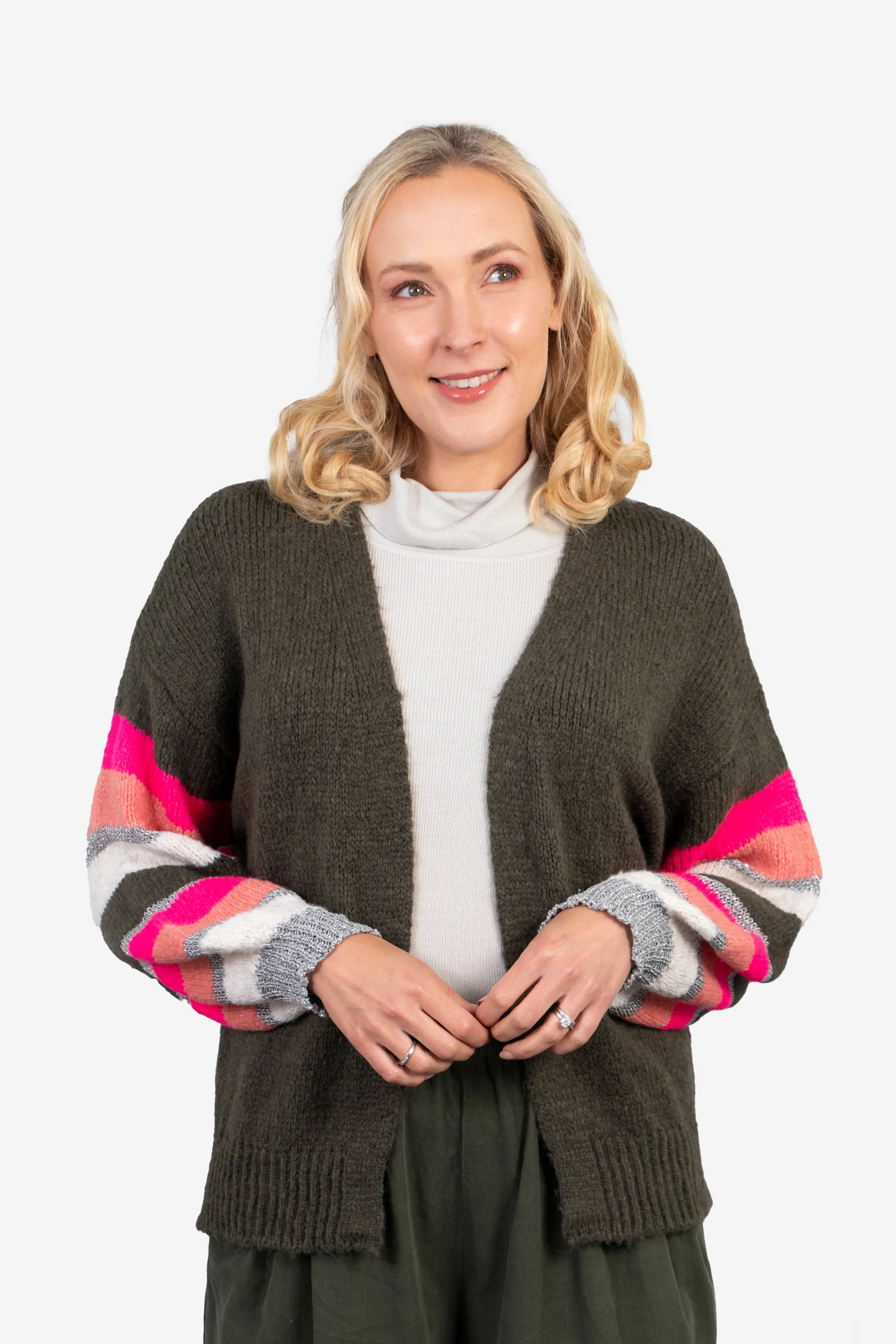 April Balloon Sleeve Cardigan - Khaki/Pink, Colourblock