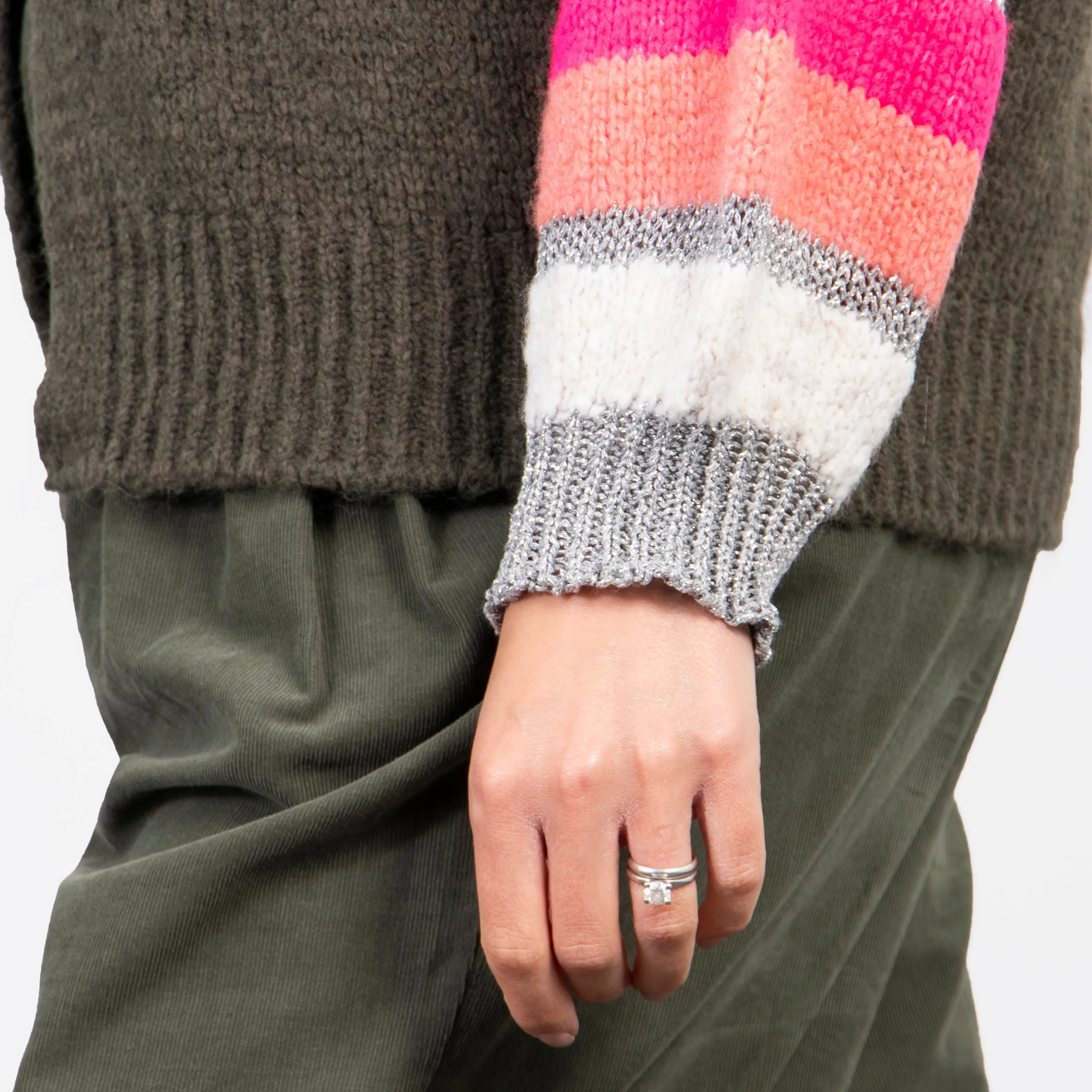 April Balloon Sleeve Cardigan - Khaki/Pink, Colourblock