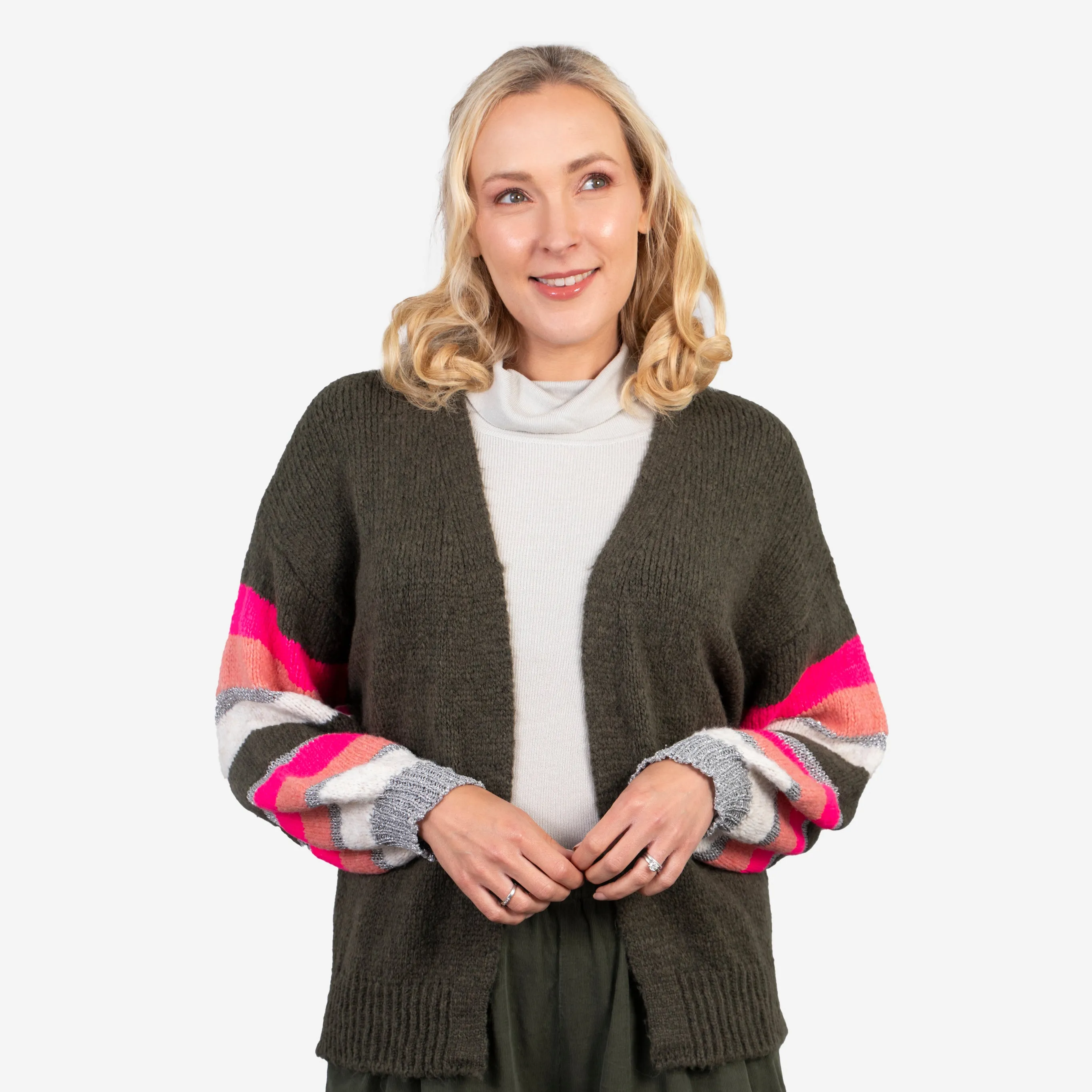April Balloon Sleeve Cardigan - Khaki/Pink, Colourblock