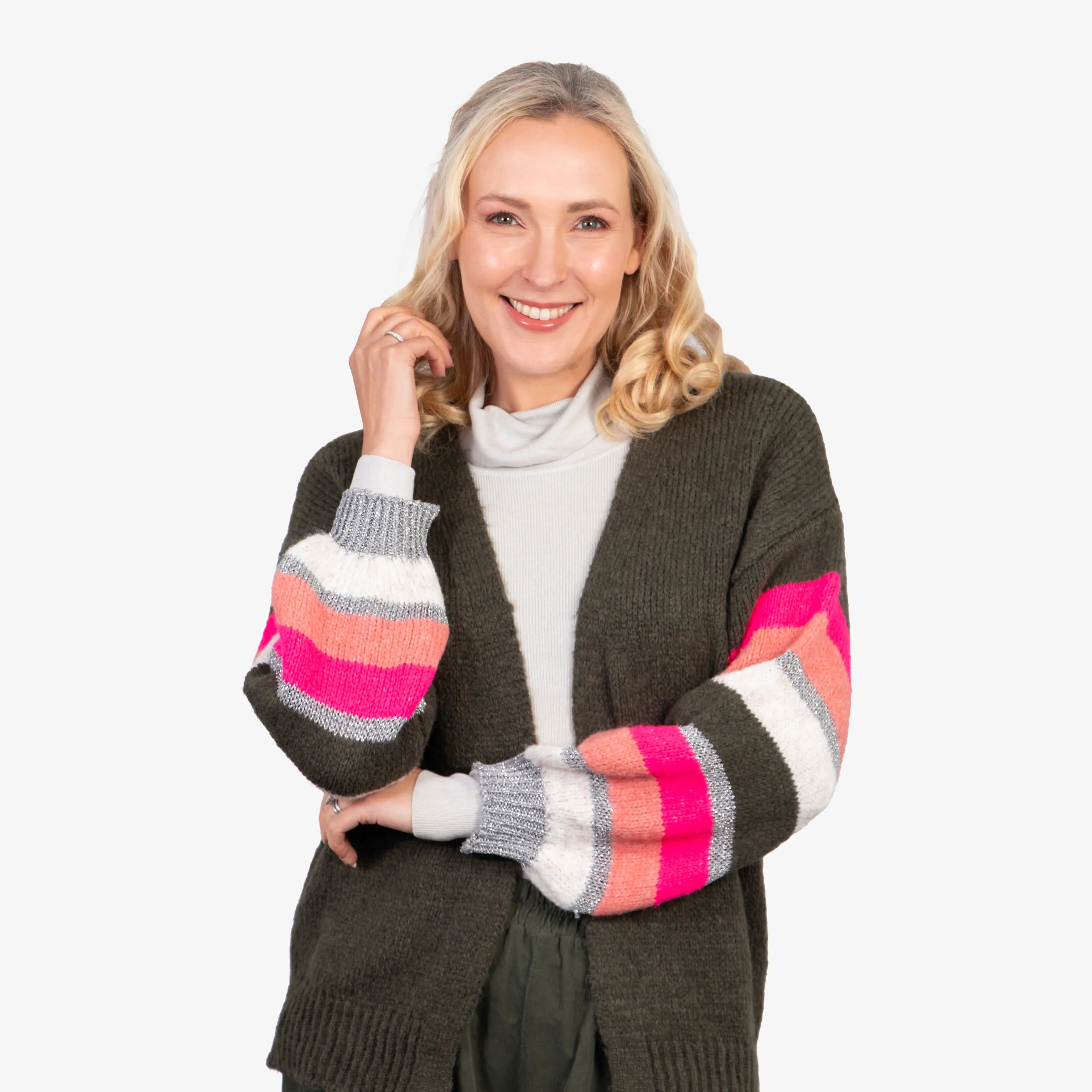 April Balloon Sleeve Cardigan - Khaki/Pink, Colourblock