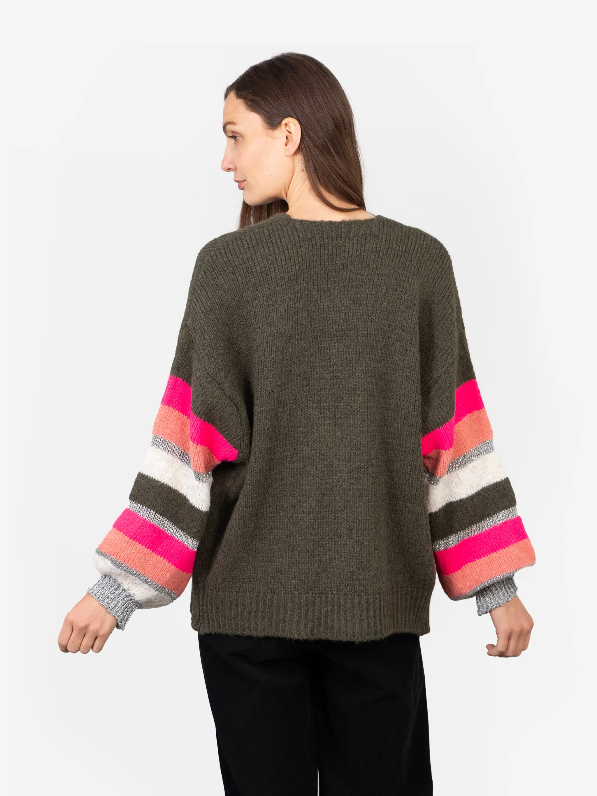 April Balloon Sleeve Cardigan - Khaki/Pink, Colourblock