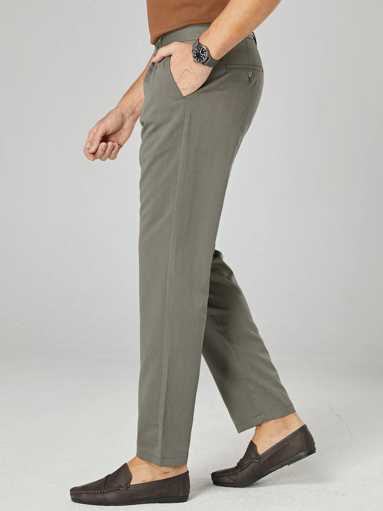 Army Green Slant Pockets Zipper Fly Tailored Pants