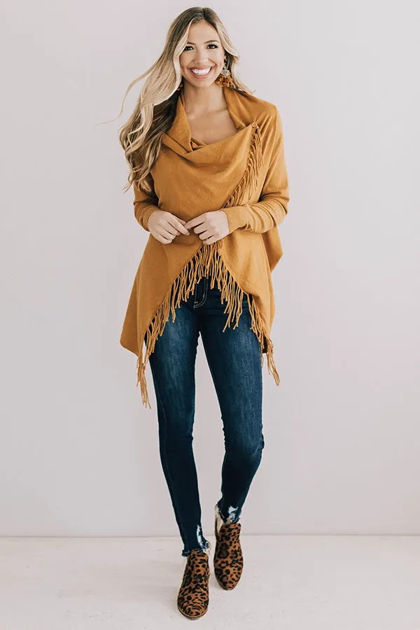 Aspen Arrival Fringe Cardigan In Mustard