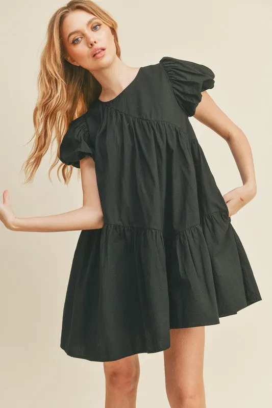 Asymetrical Hem Puff Slv Dress