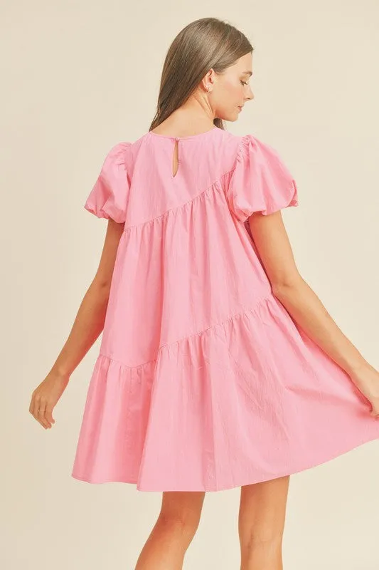 Asymetrical Hem Puff Slv Dress