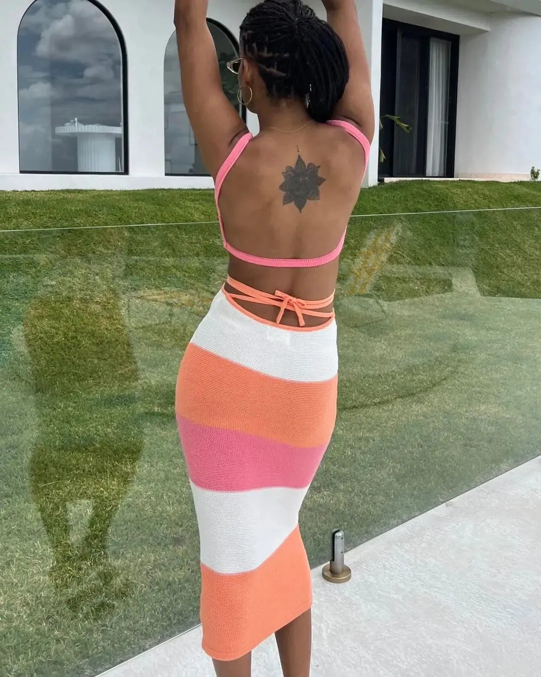 Backless Knit Stripe Maxi Dress