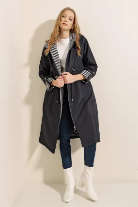 BGD Women Waist Gathered Hooded Trench Coat - Navy - Kansas City