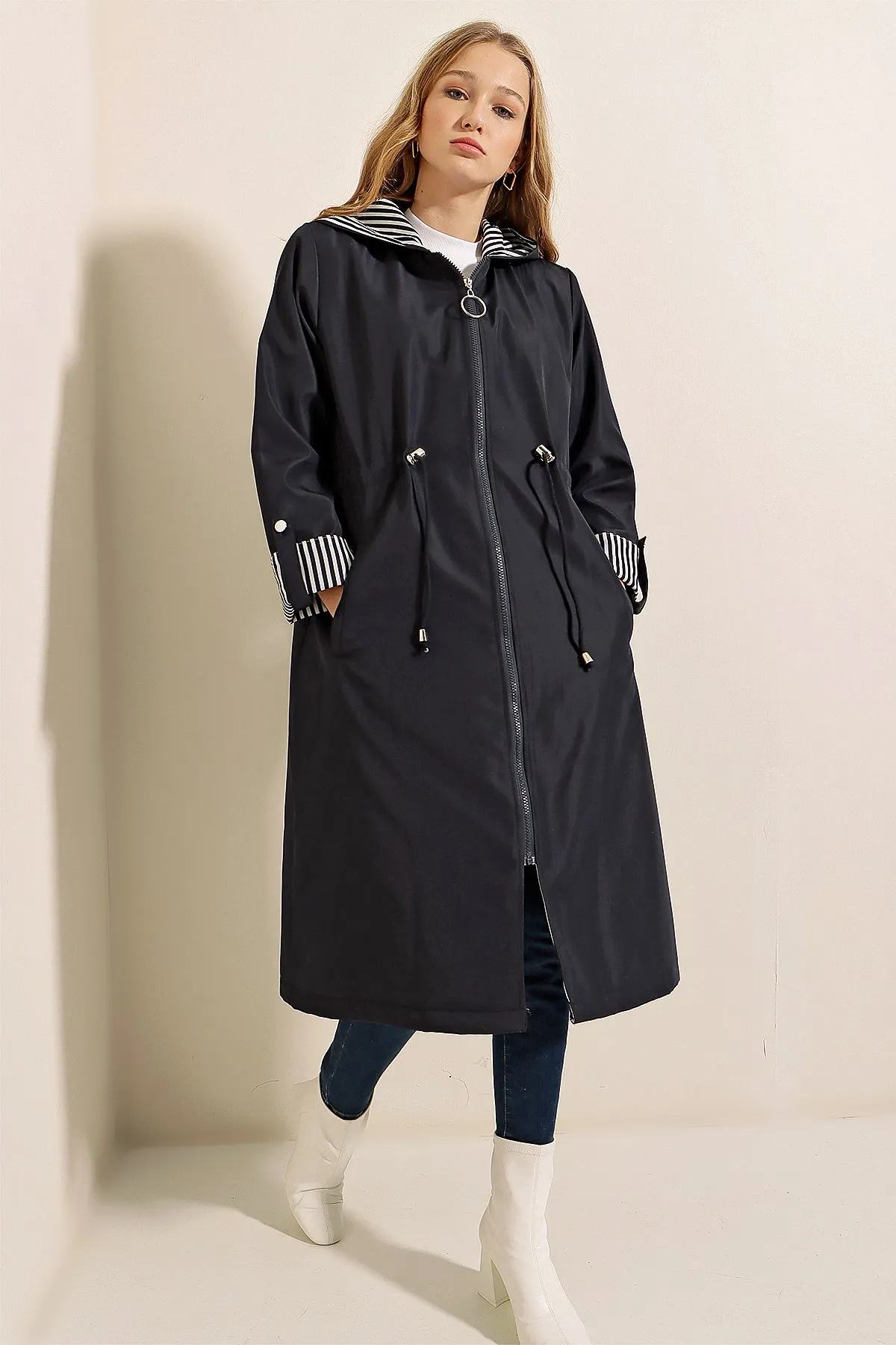 BGD Women Waist Gathered Hooded Trench Coat - Navy - Kansas City