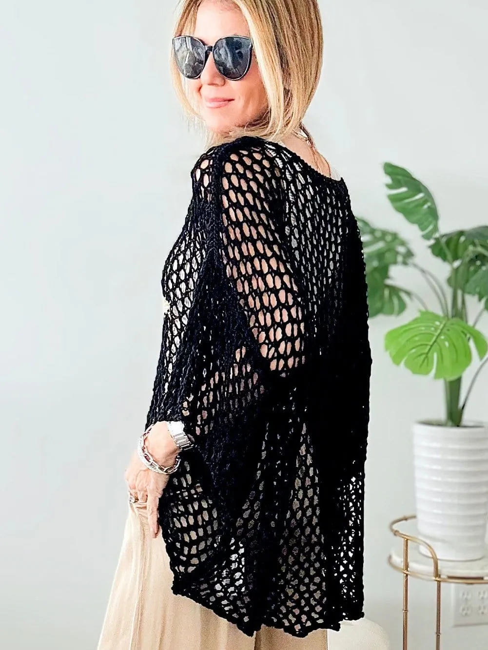 Black Crochet Knit Overlay Top