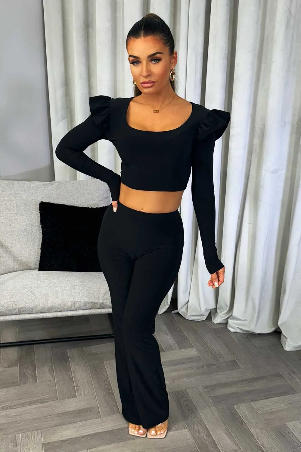 Black Frill Shoulder Long Sleeve Top Trouser Two Piece Set