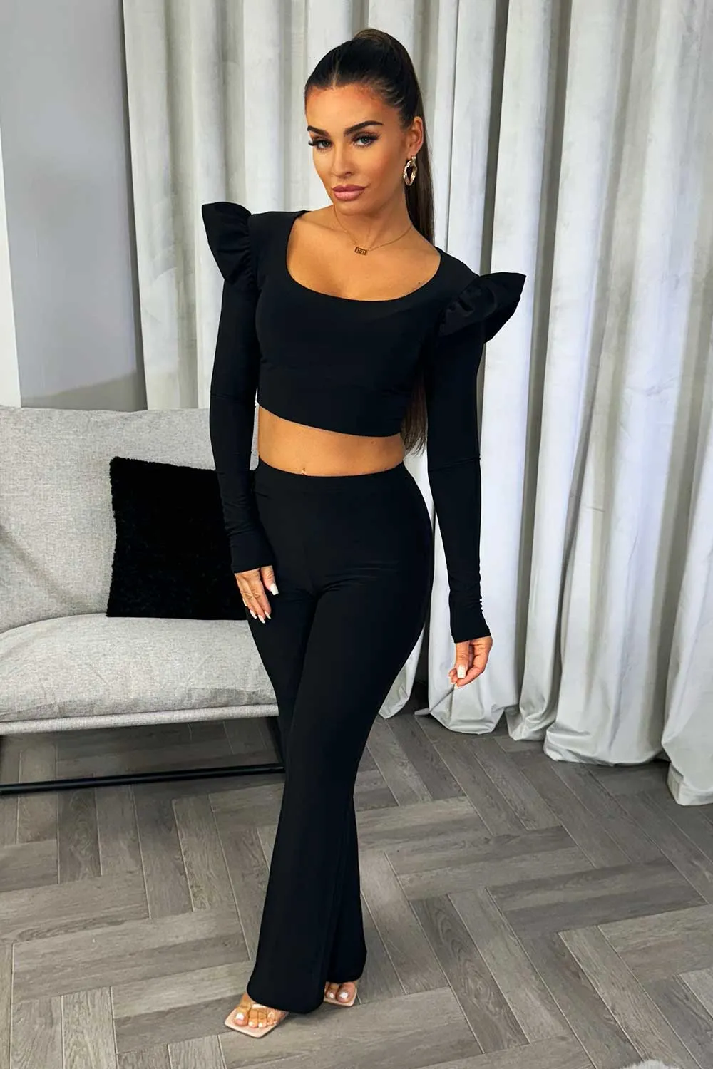 Black Frill Shoulder Long Sleeve Top Trouser Two Piece Set