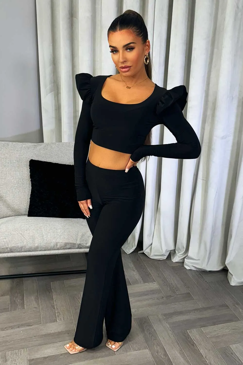 Black Frill Shoulder Long Sleeve Top Trouser Two Piece Set