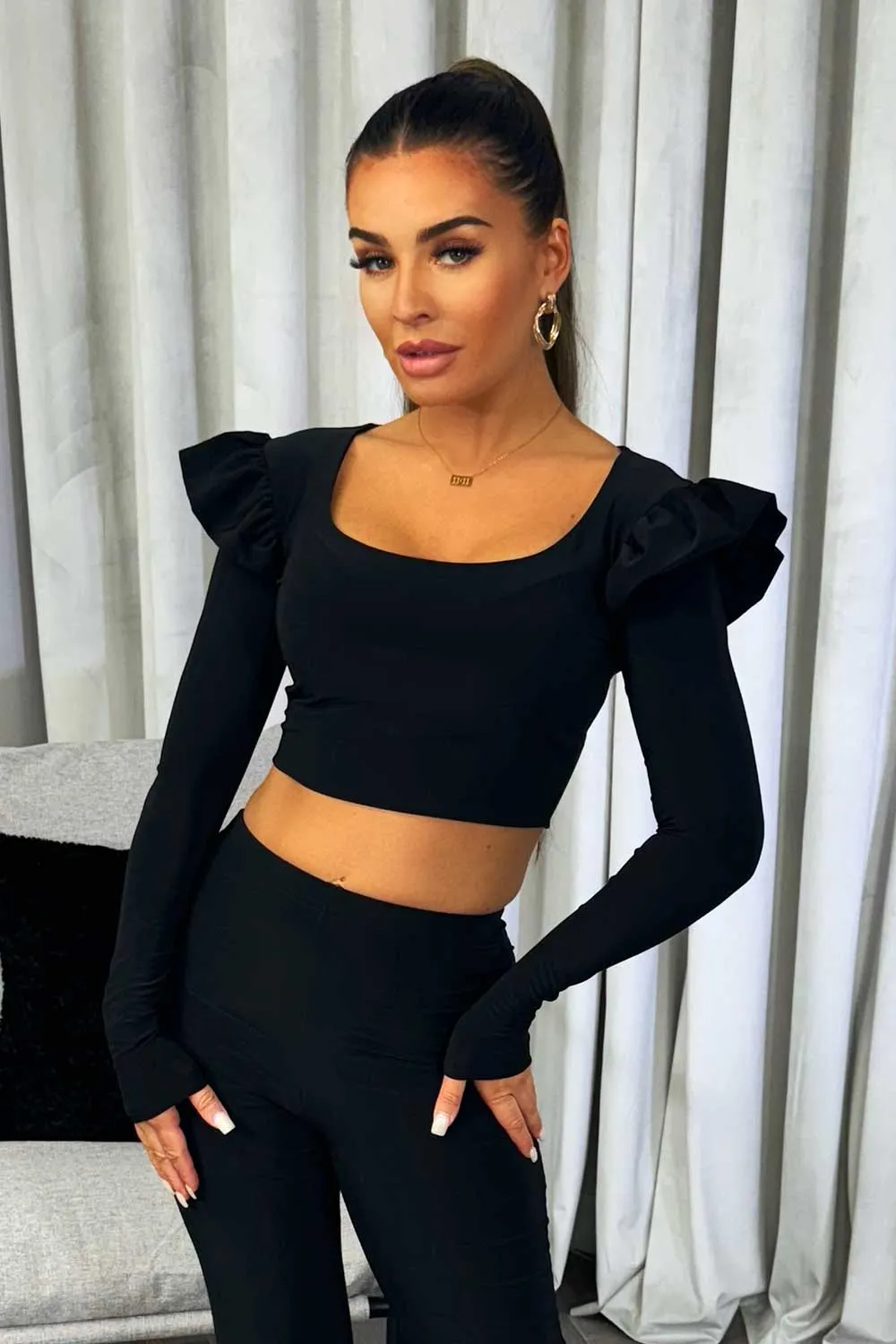 Black Frill Shoulder Long Sleeve Top Trouser Two Piece Set