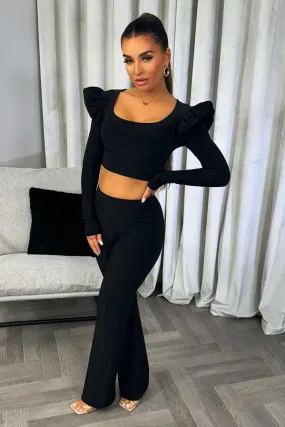 Black Frill Shoulder Long Sleeve Top Trouser Two Piece Set