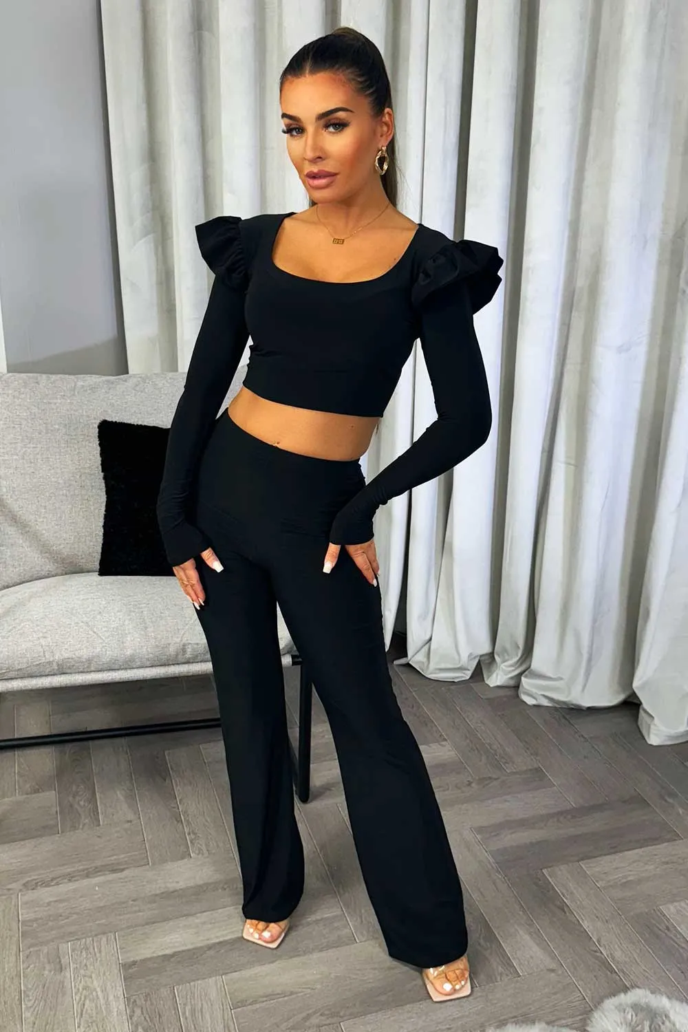 Black Frill Shoulder Long Sleeve Top Trouser Two Piece Set