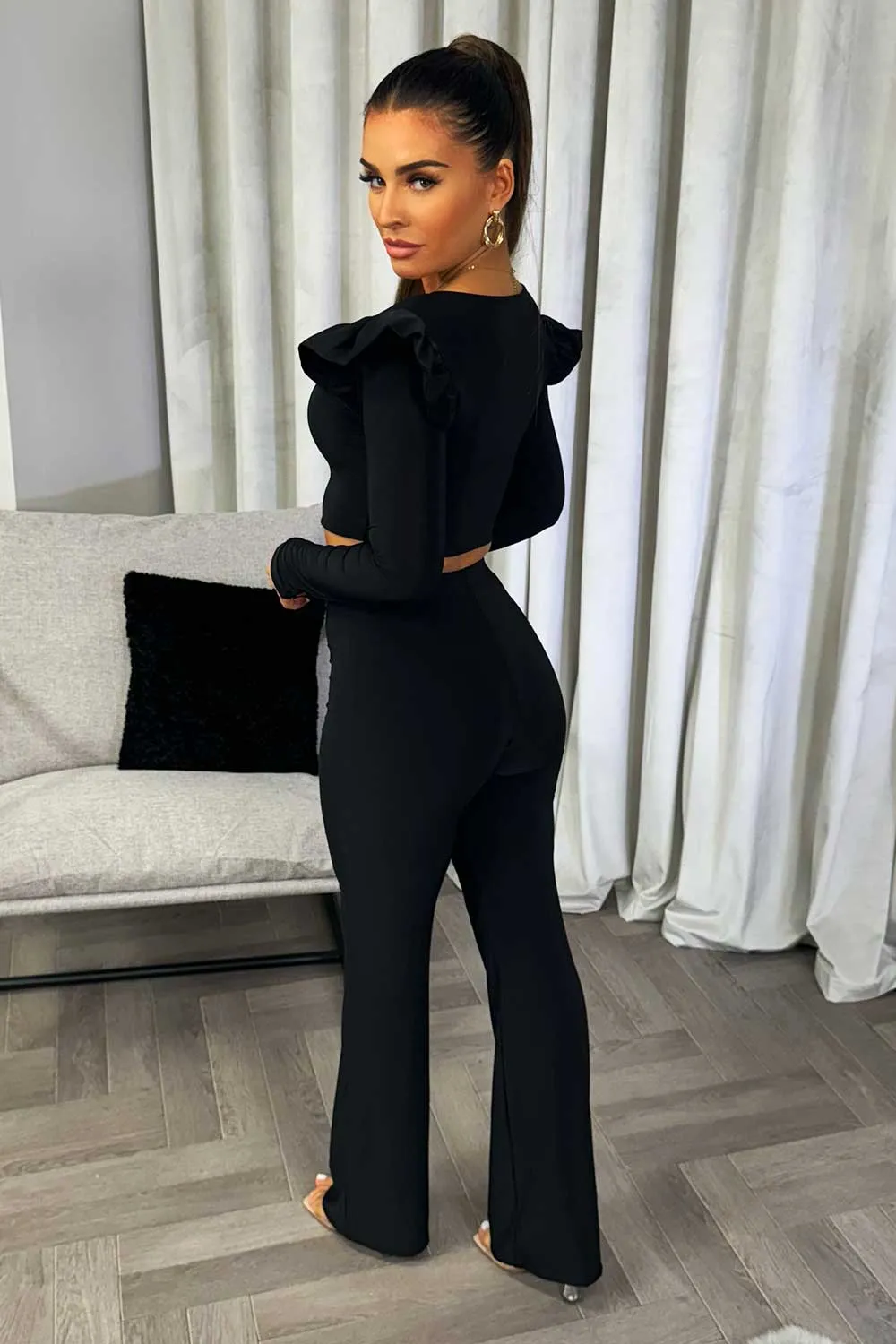 Black Frill Shoulder Long Sleeve Top Trouser Two Piece Set