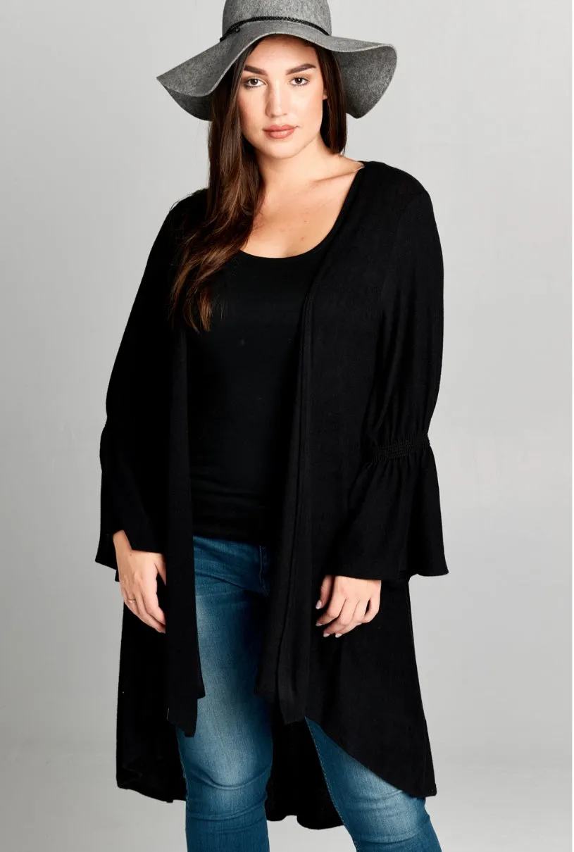Black Oversize Cardigan with Asymmetrical Hem and Cinched Wrist Bell Sleeve Detail