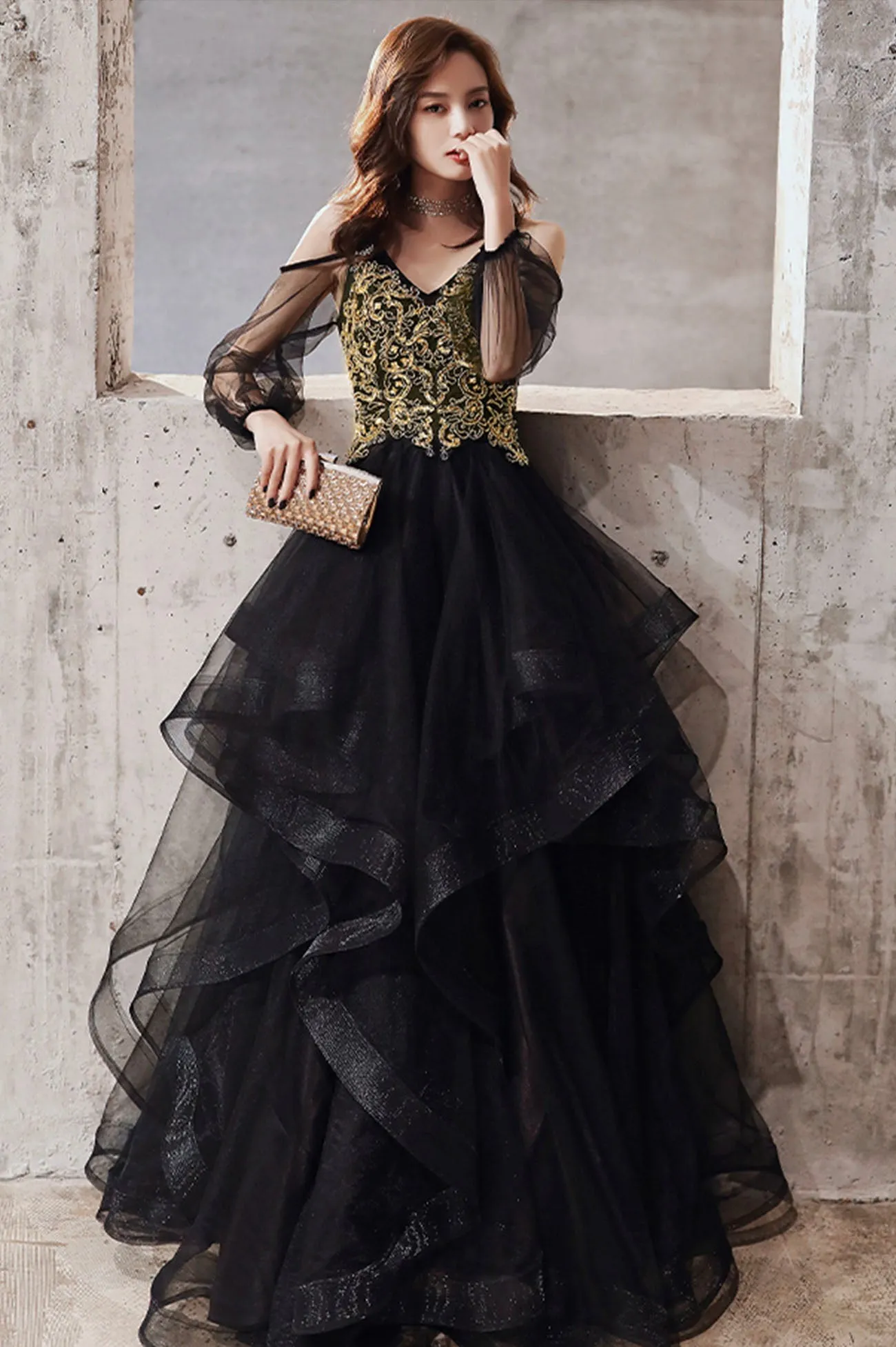 Black Spaghetti Strap Lace Long Prom Dress, Black Evening Graduation Dress