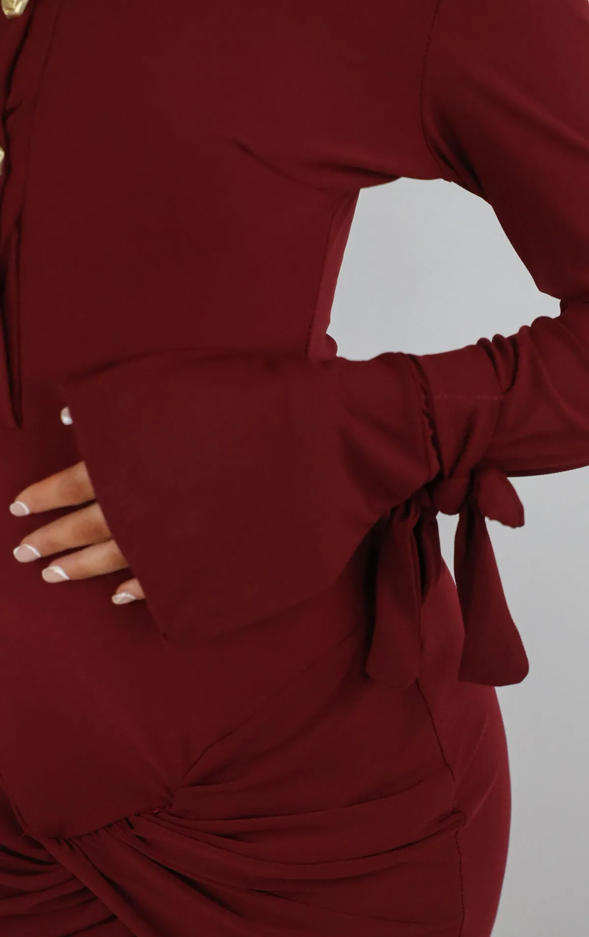 Burgundy Gold Rose Button Wrap Dress