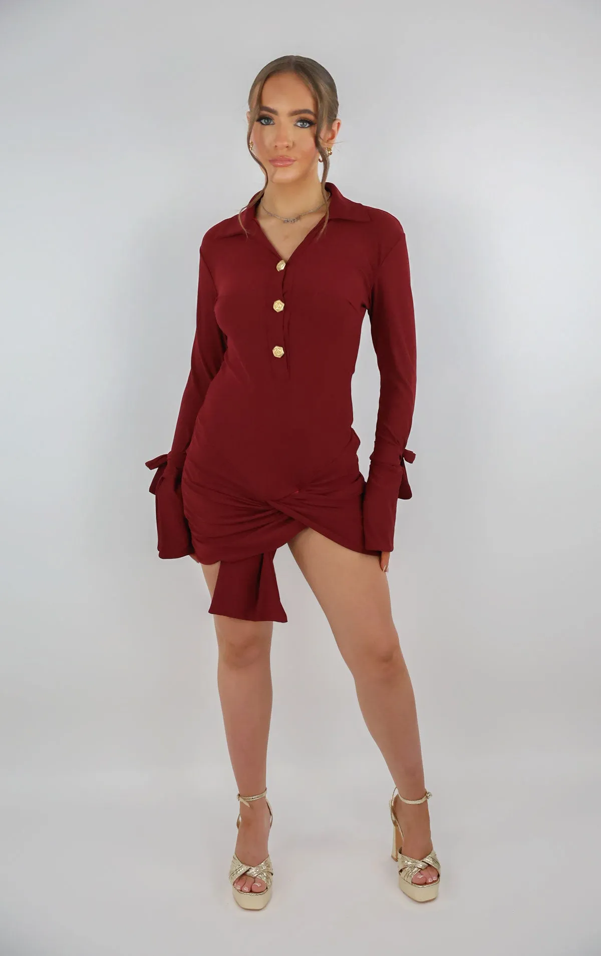 Burgundy Gold Rose Button Wrap Dress