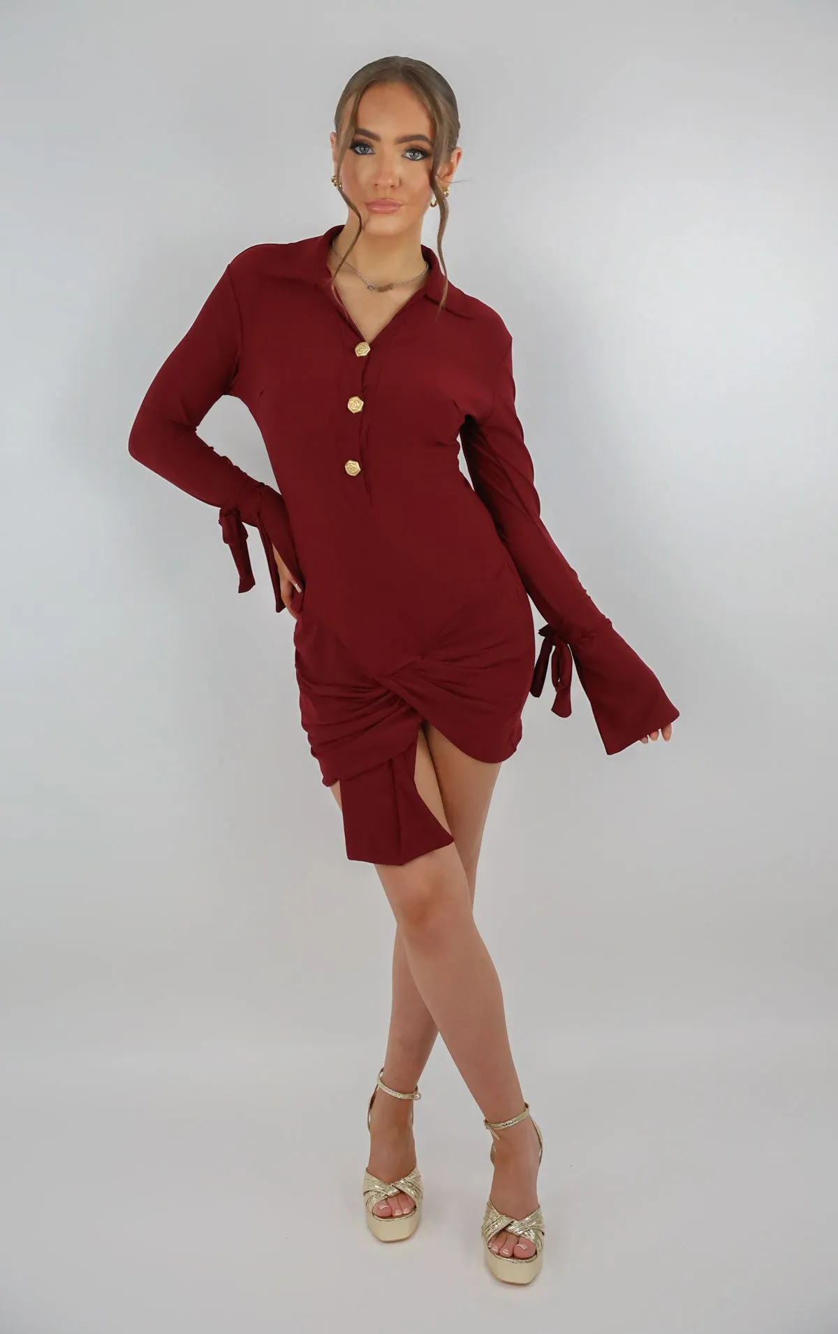 Burgundy Gold Rose Button Wrap Dress