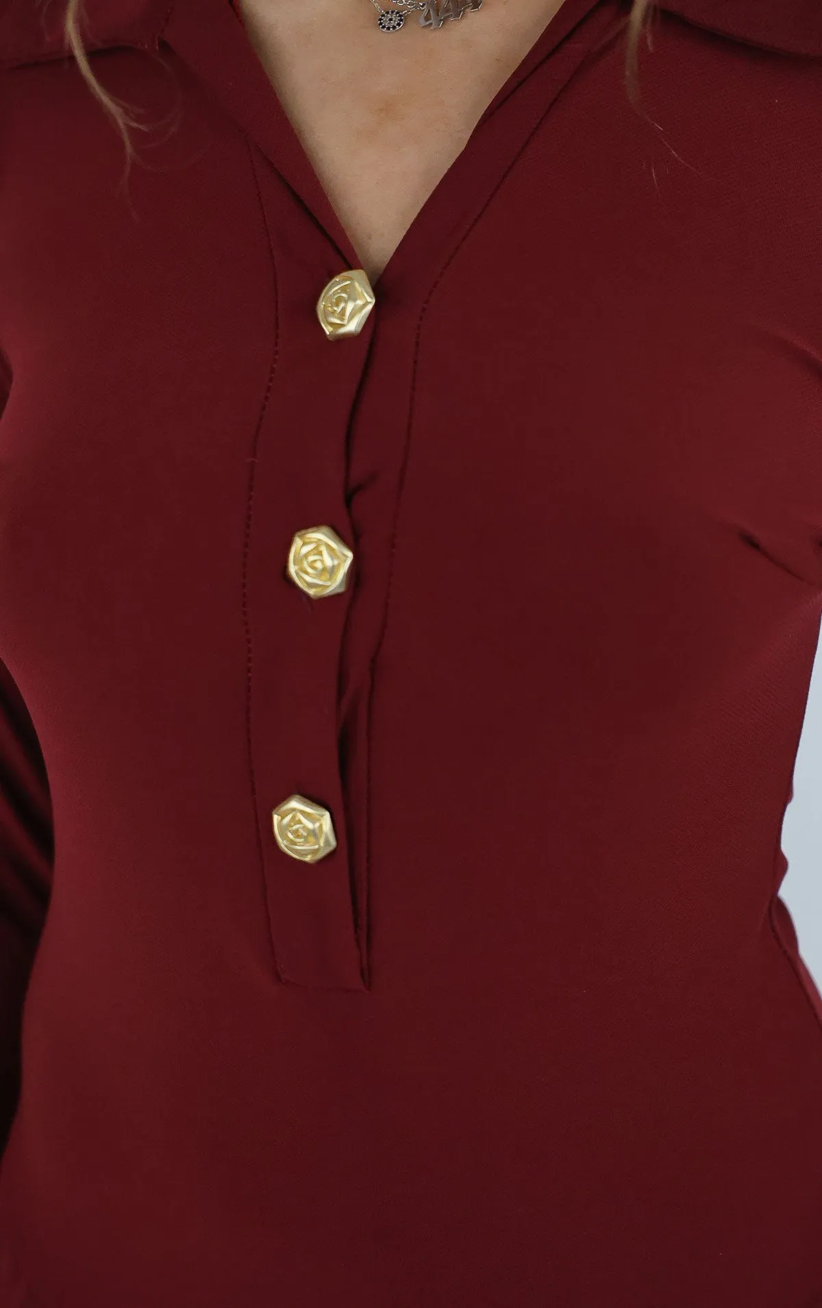 Burgundy Gold Rose Button Wrap Dress