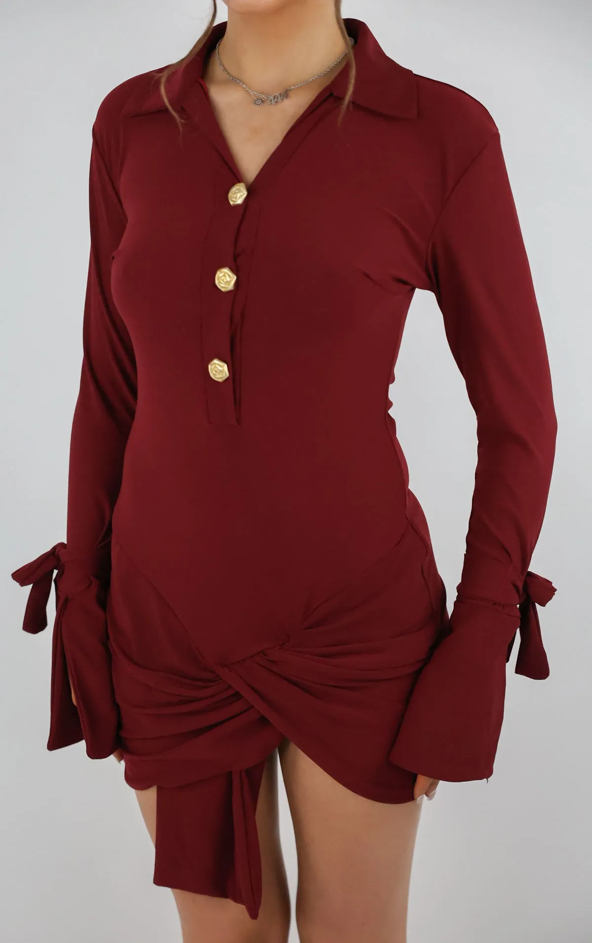 Burgundy Gold Rose Button Wrap Dress