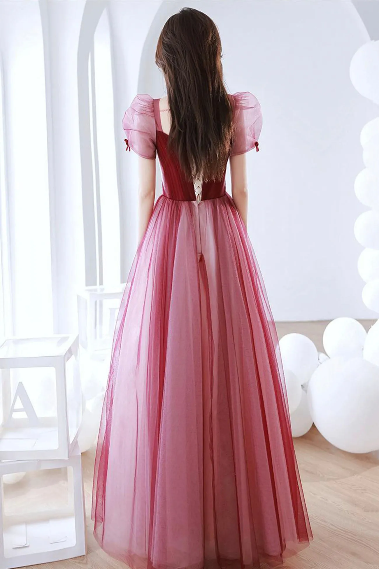 Burgundy Tulle Long Prom Dress, A-Line Short Sleeve Formal Evening Dress