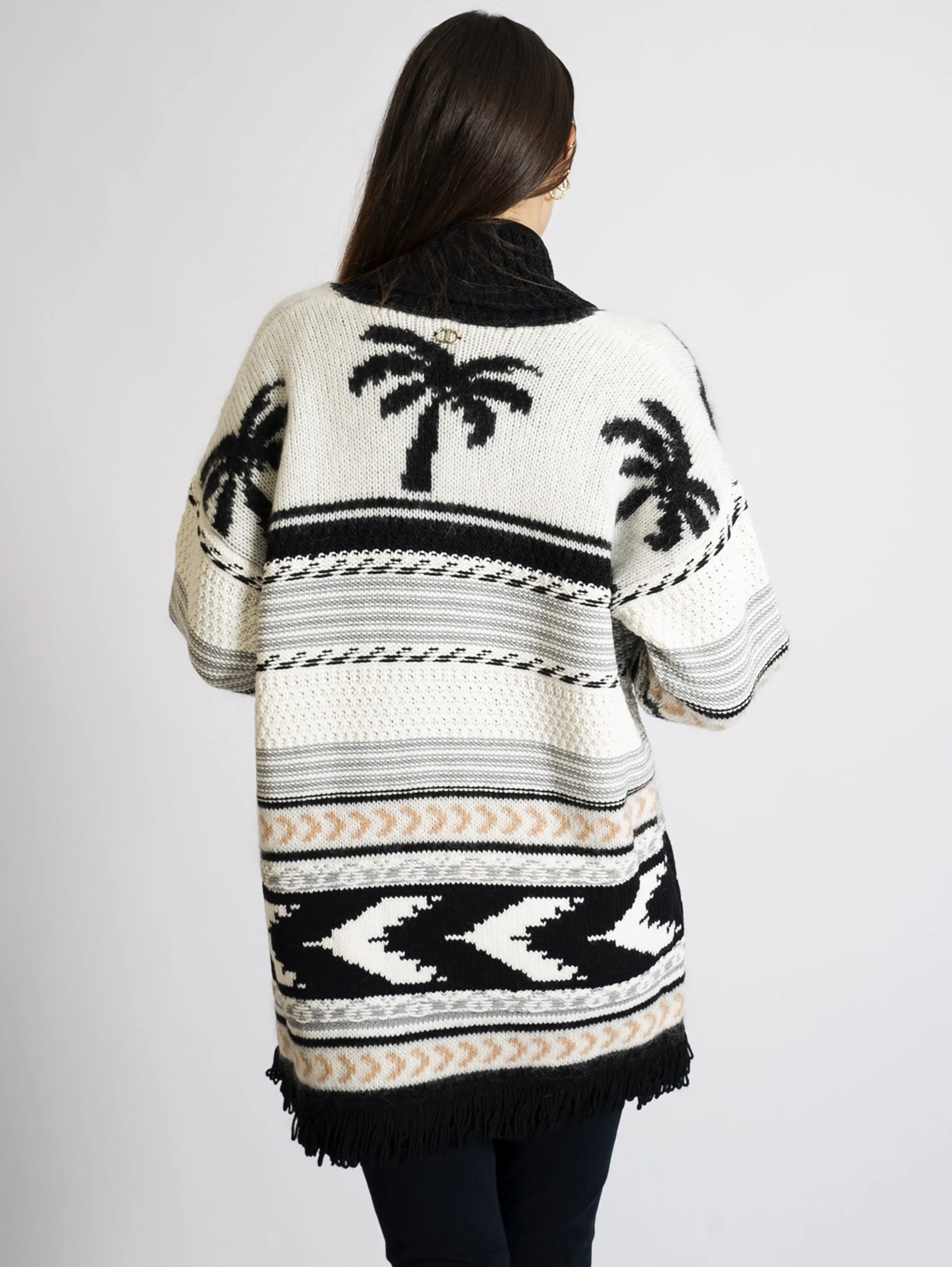Cardigan Jacquard con Palme e Righe Multicolore