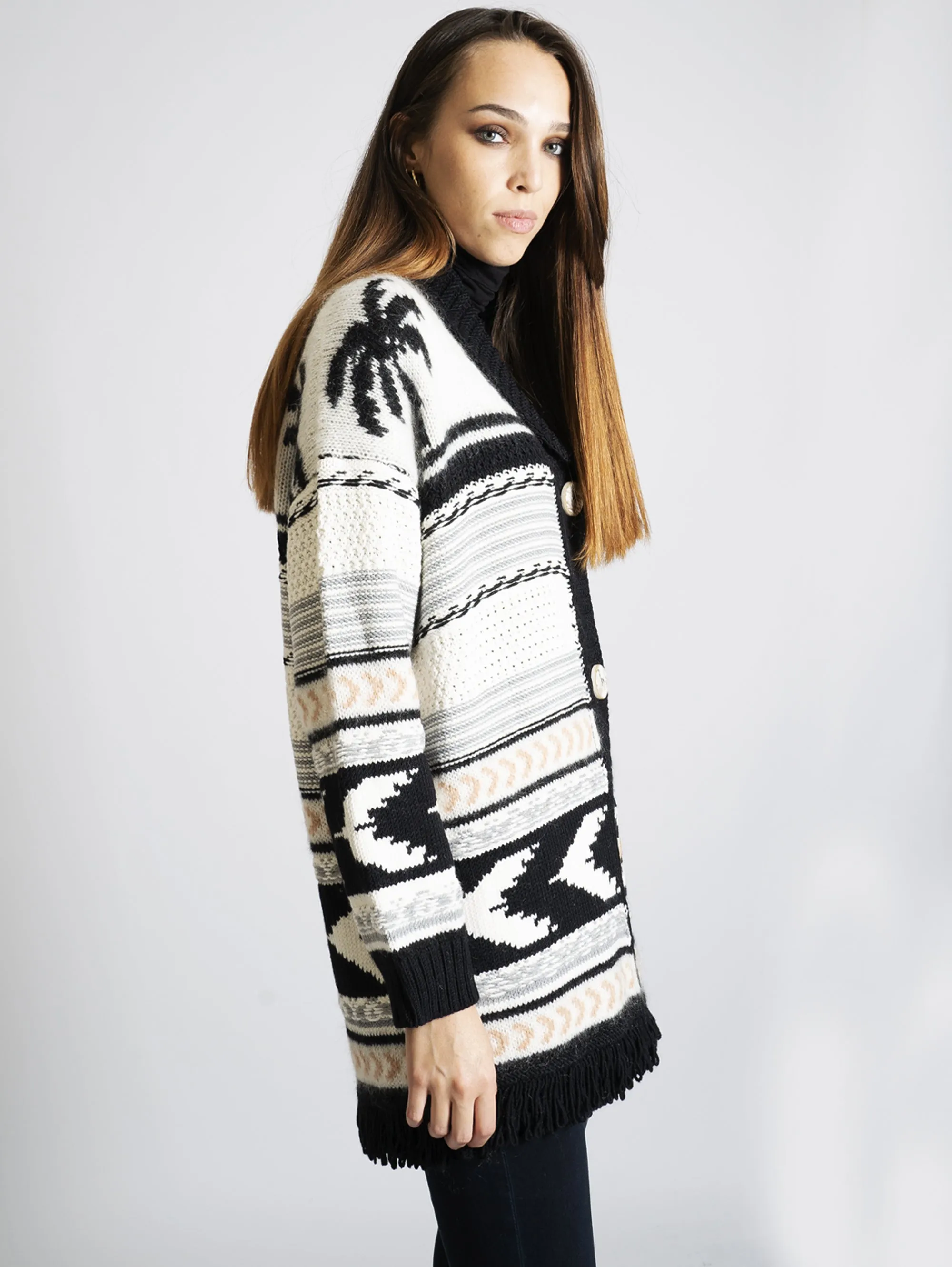 Cardigan Jacquard con Palme e Righe Multicolore