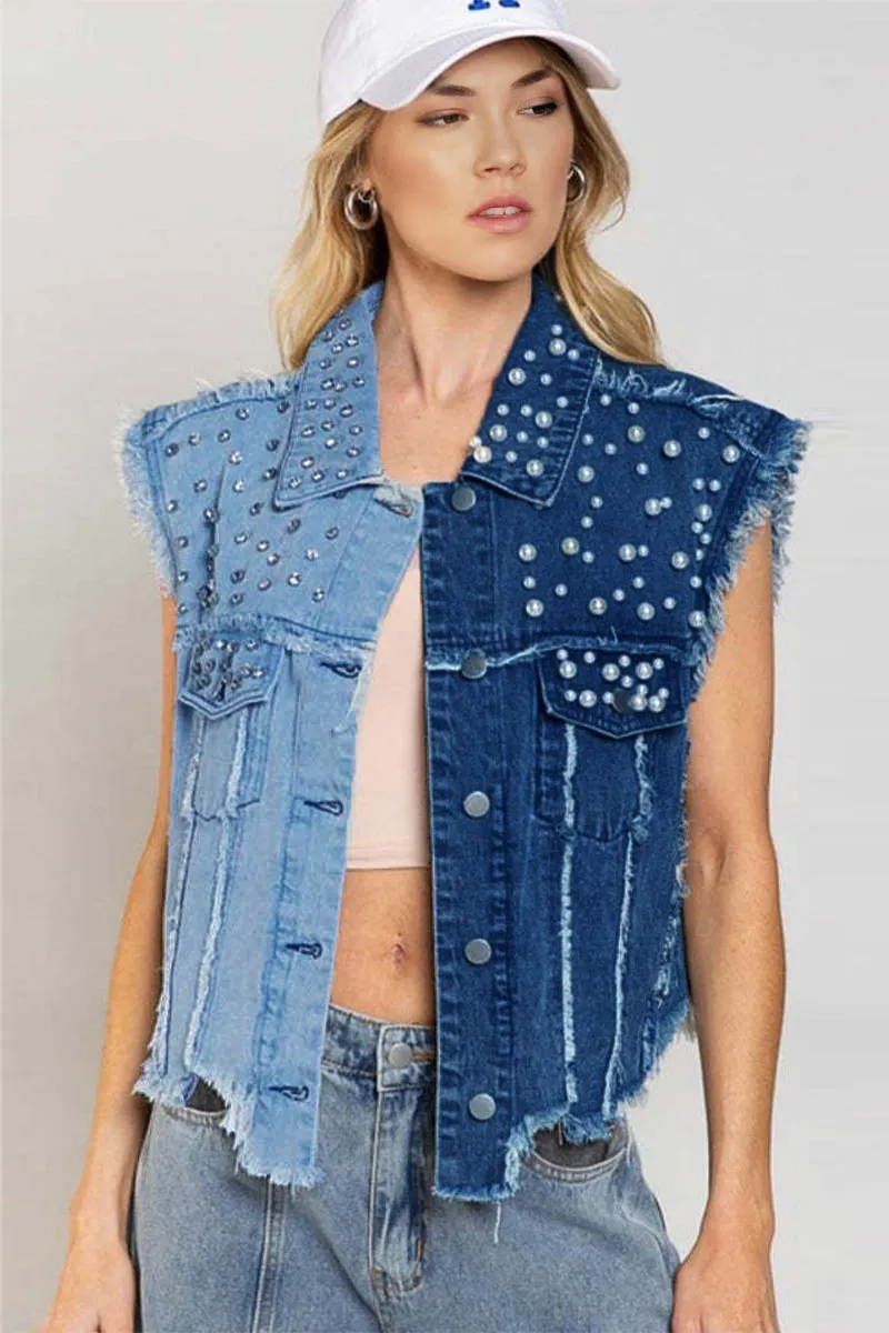 CE186 Pearls Studded Denim Vest