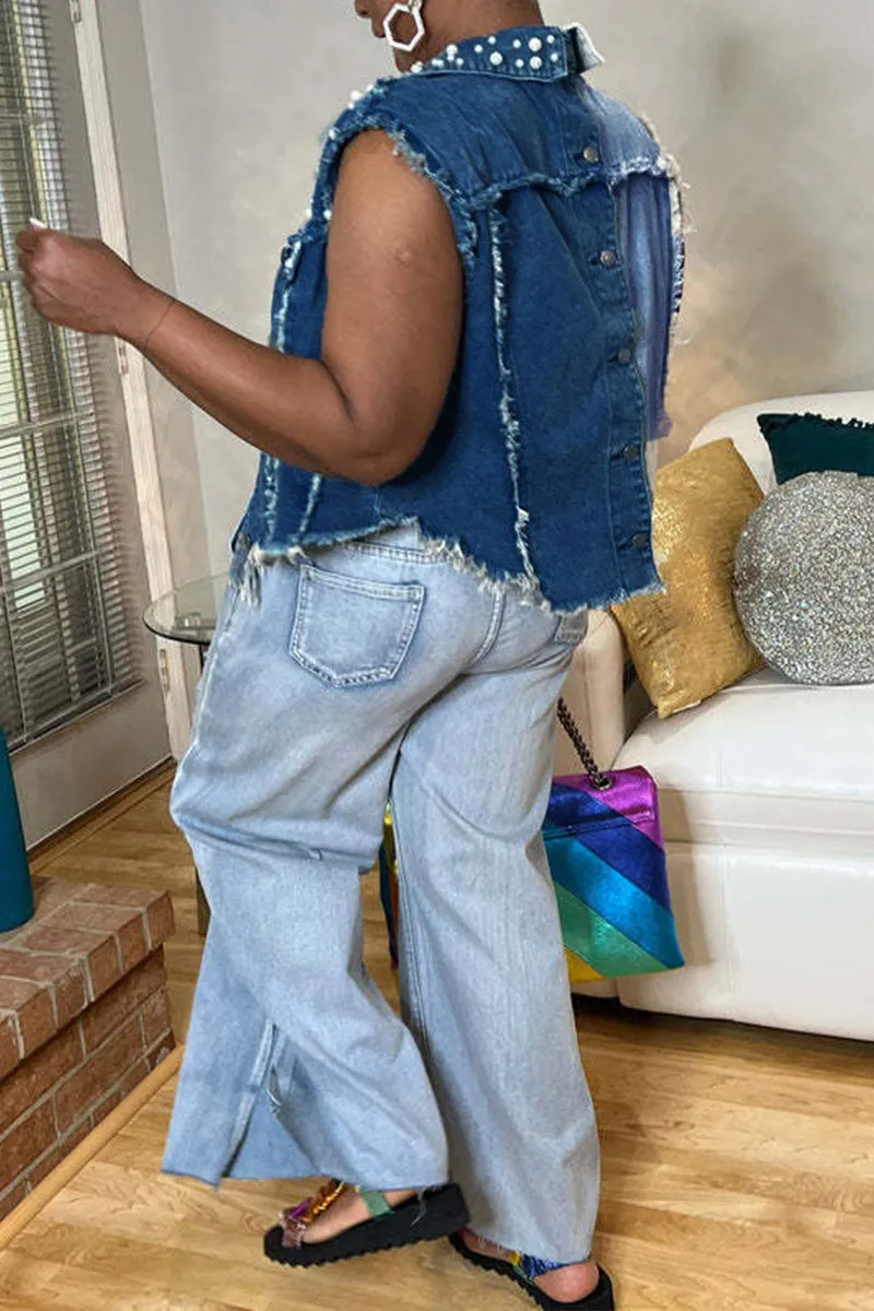 CE186 Pearls Studded Denim Vest