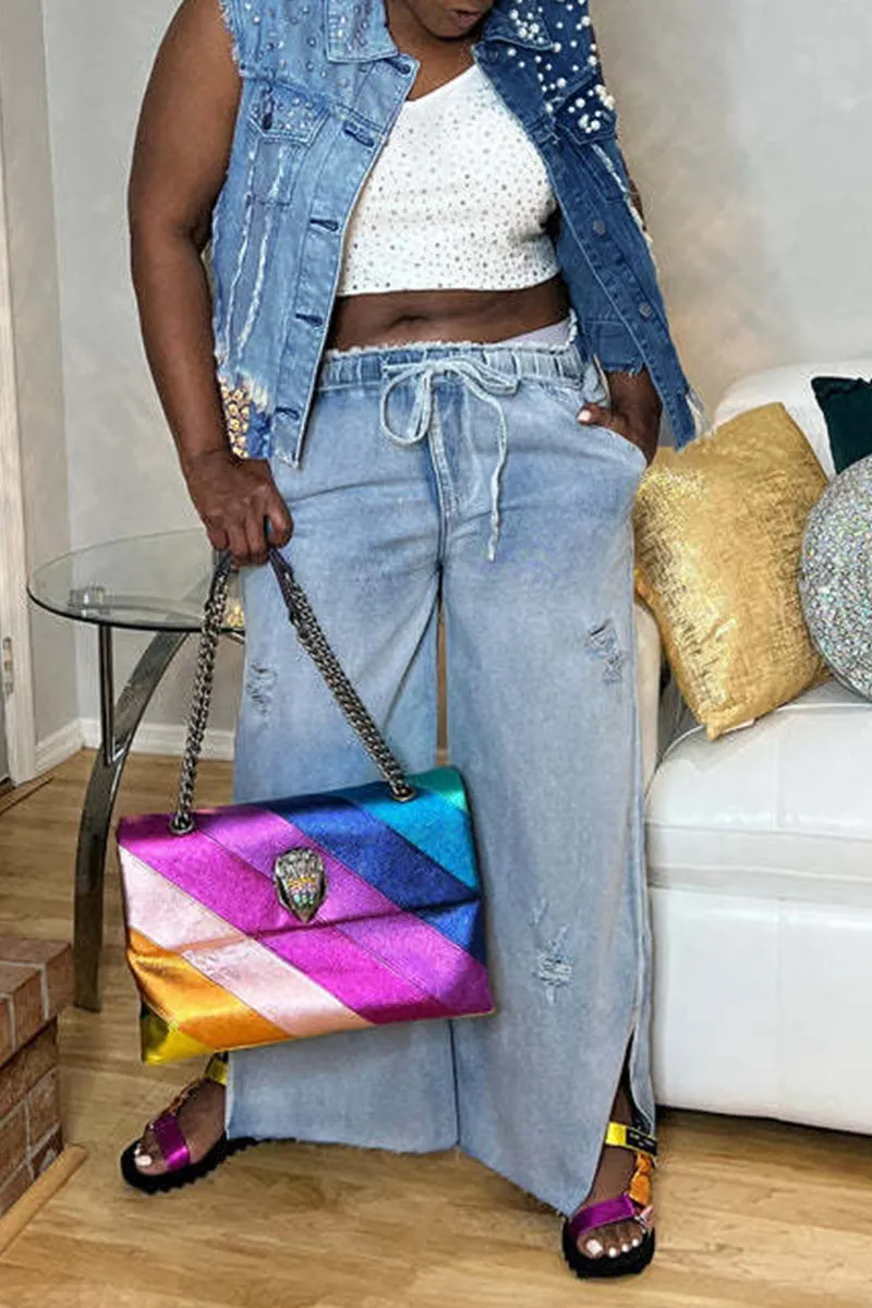 CE186 Pearls Studded Denim Vest