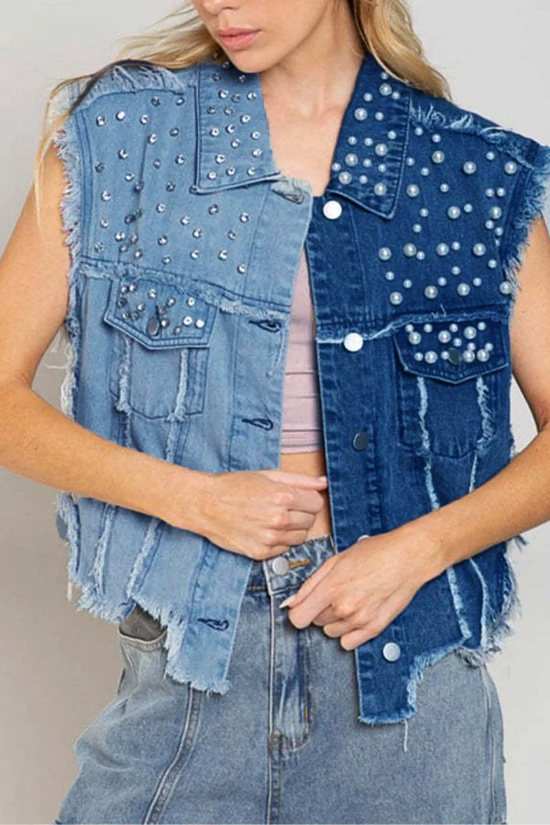 CE186 Pearls Studded Denim Vest