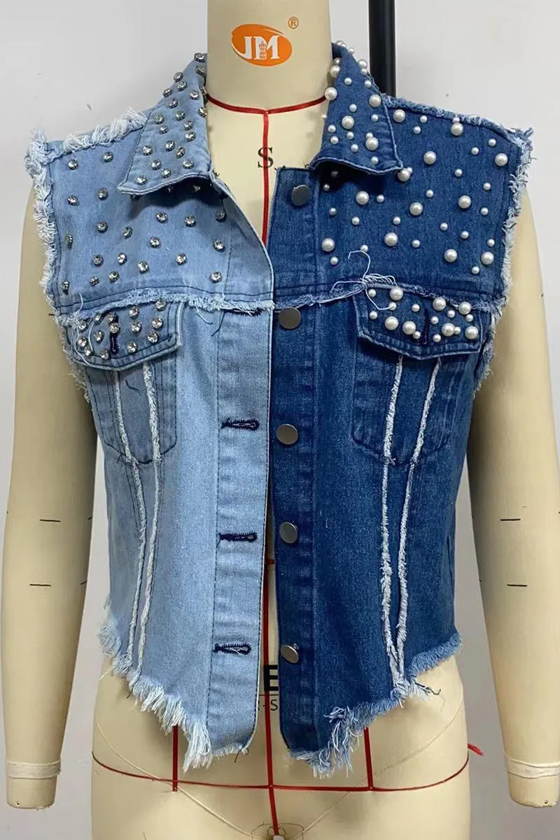 CE186 Pearls Studded Denim Vest